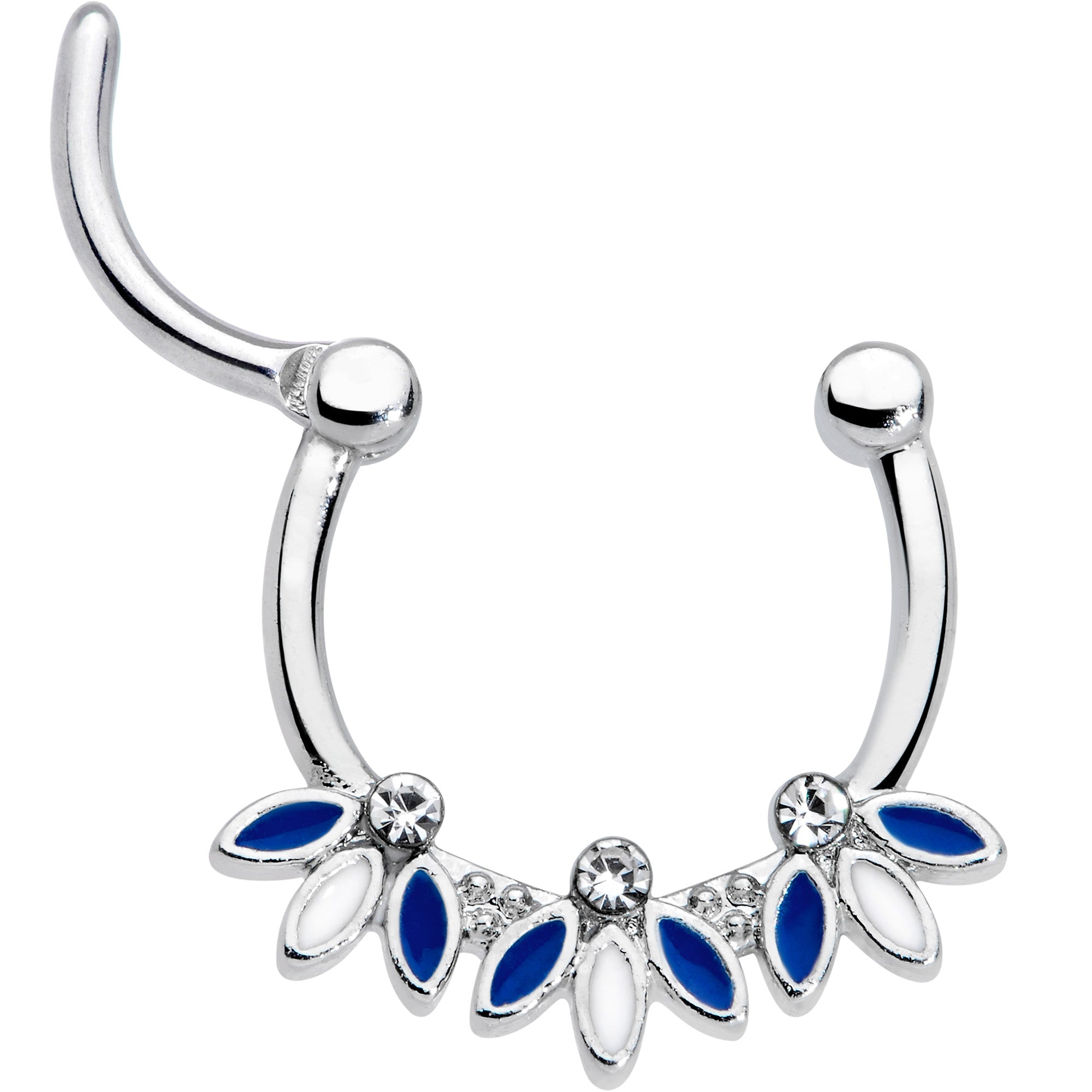 16G 3/8 Clear Gem White Blue Leaves Septum Clicker