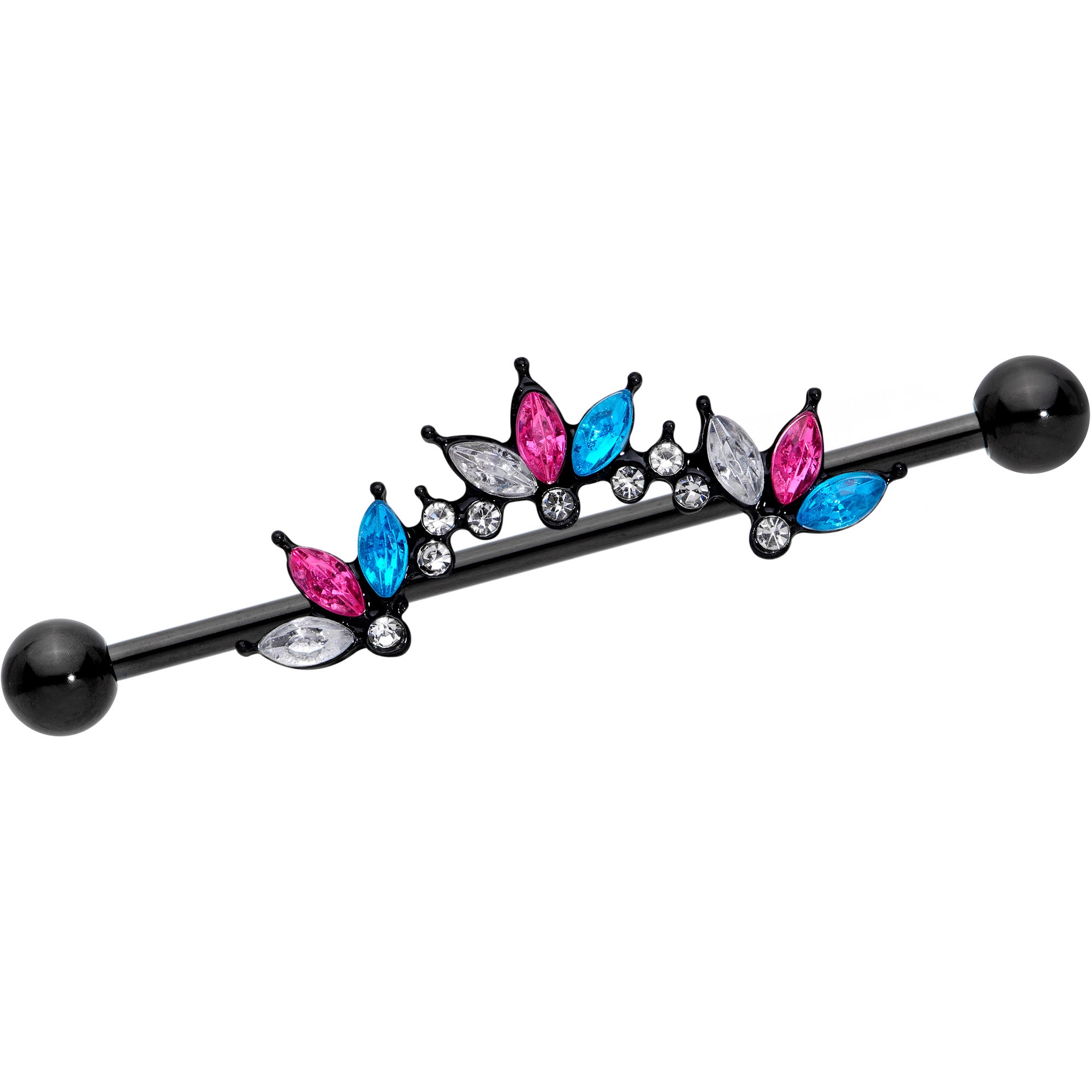 14G Clear Aqua Pink Accent Black Clusters Industrial Barbell 38mm