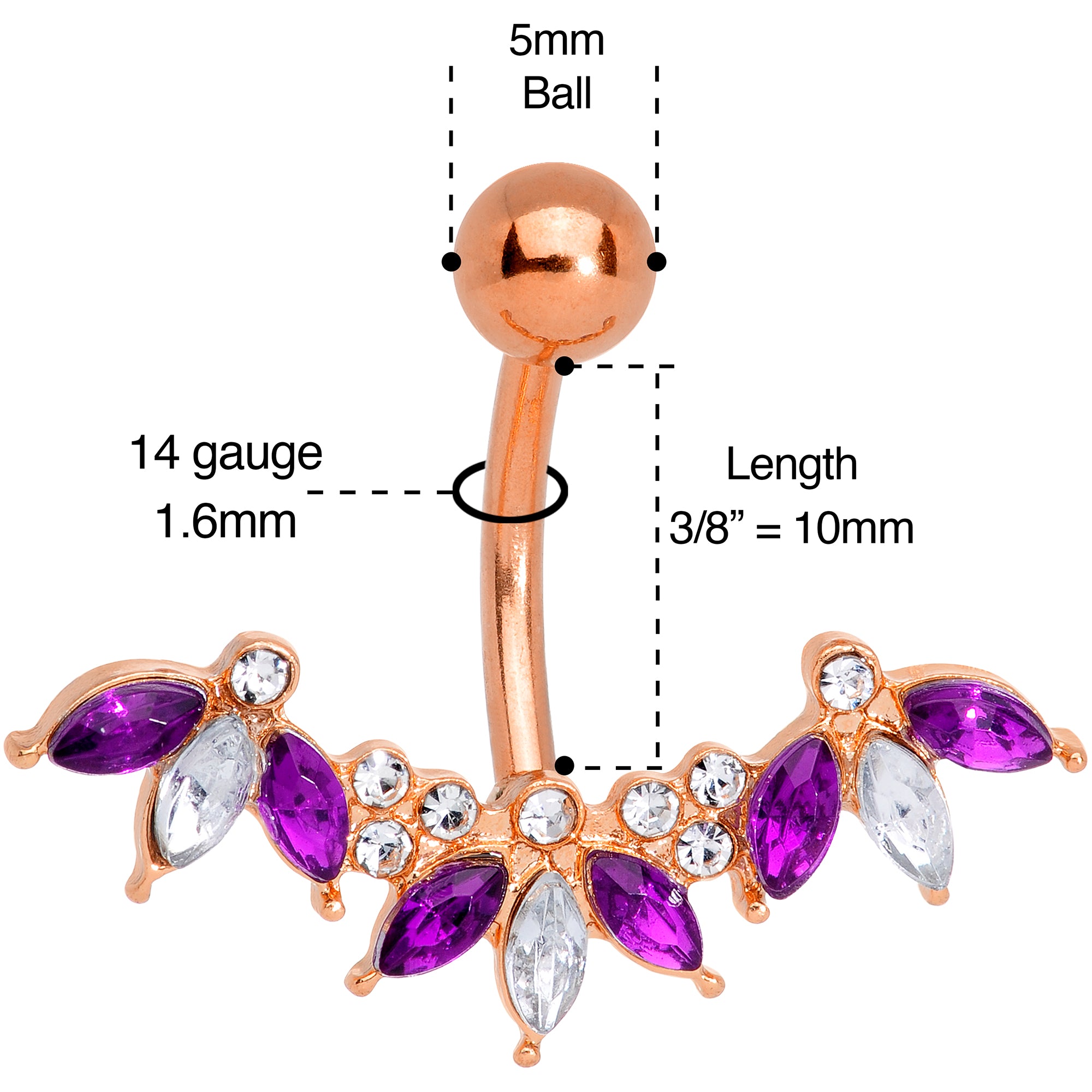 Purple Clear Gem Rose Gold Tone Anodized Comely Clusters Belly Ring