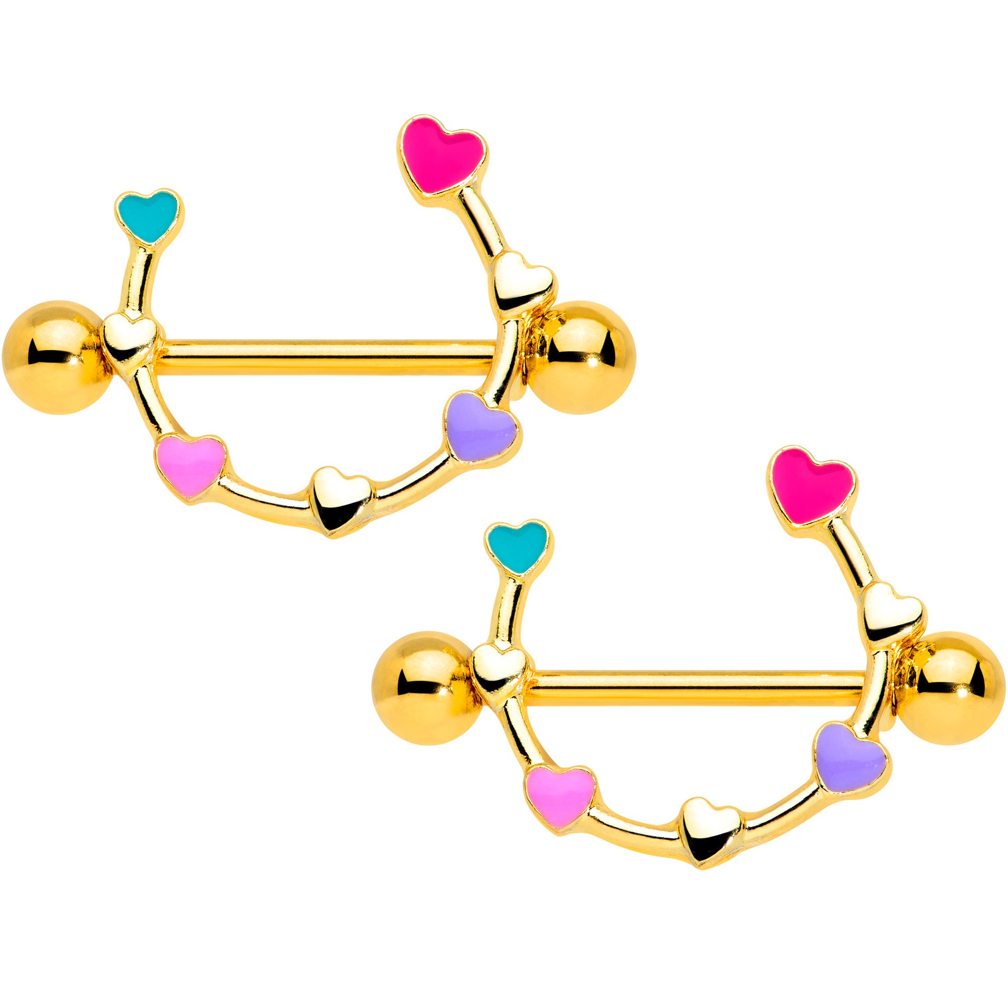 14G 9/16 Gold Tone Little Rainbow Hearts Nipple Shield Set