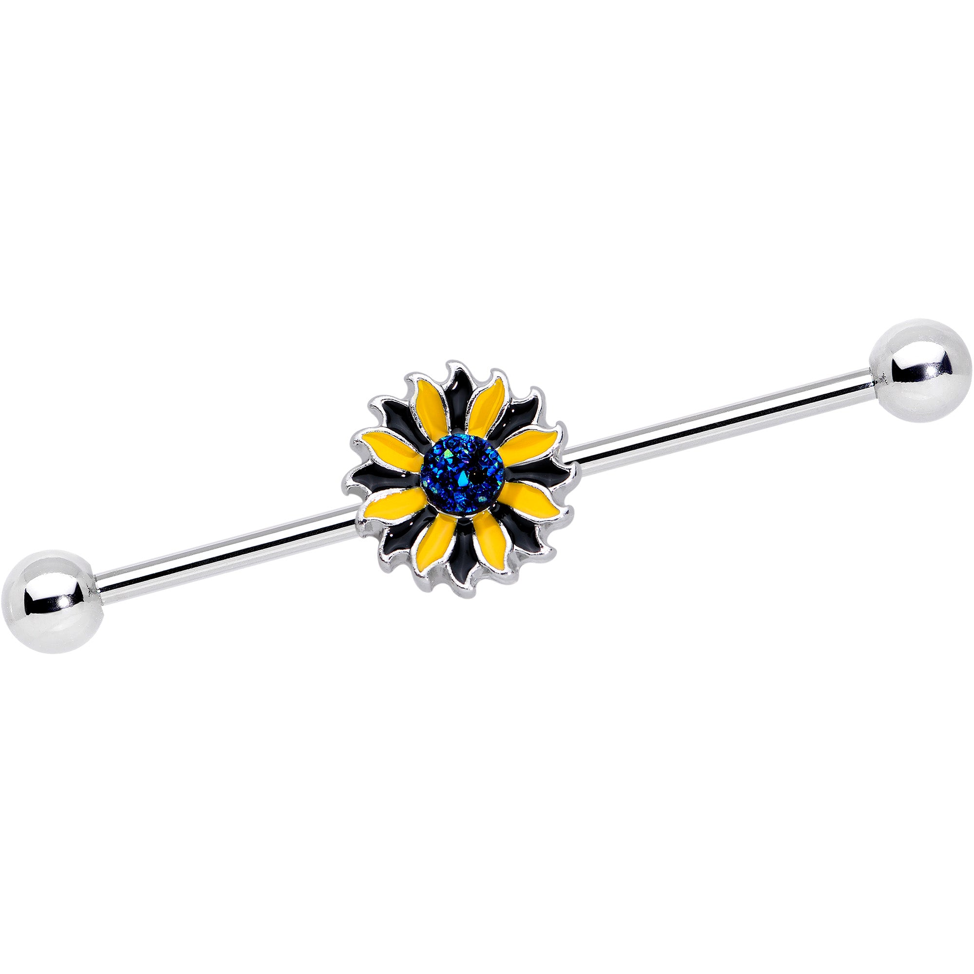14G Blue Faux Druzy Yellow Sunflower Industrial Barbell 38mm