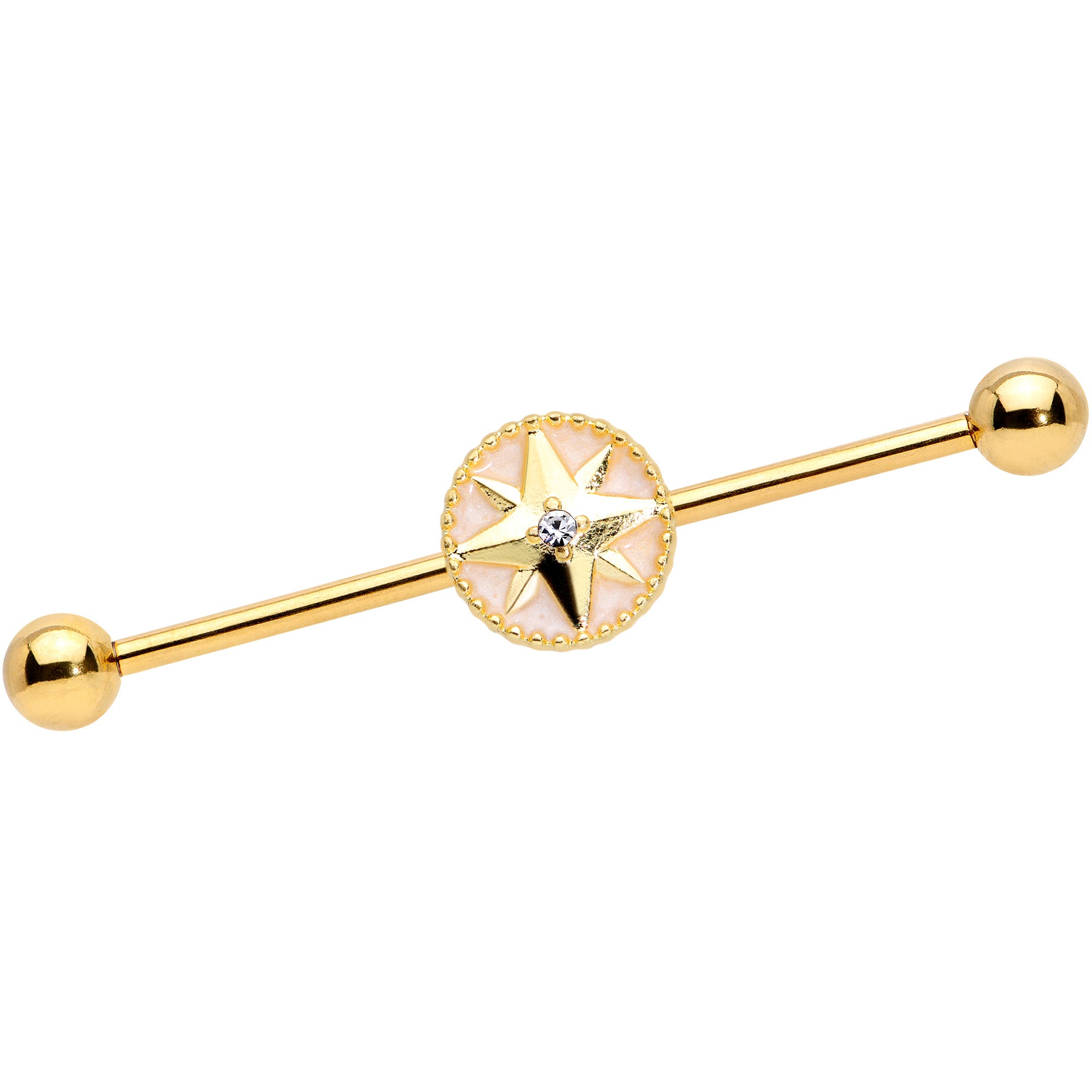 14G Clear Gem Gold Tone Sailors Compass Industrial Barbell 38mm