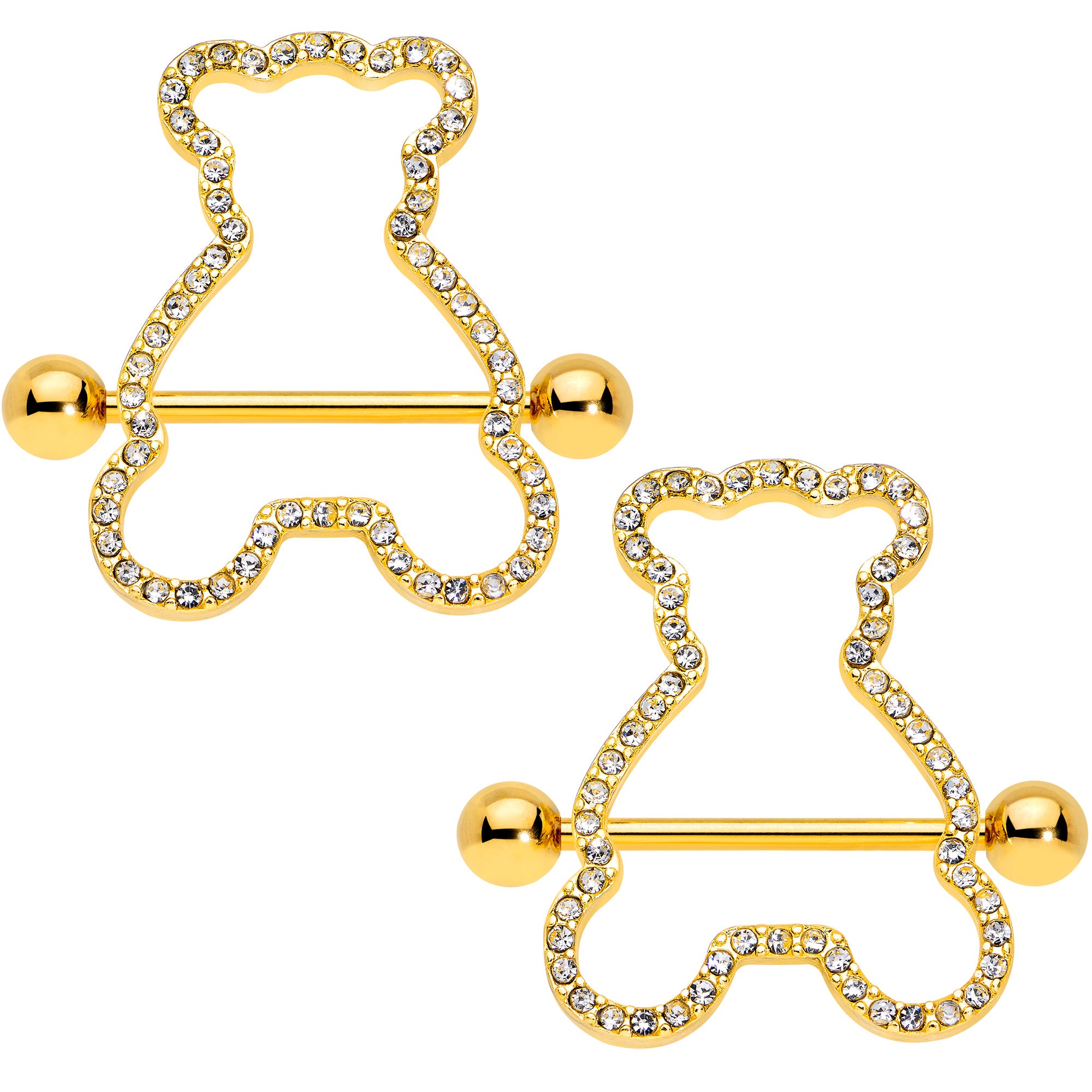 14G 5/8 Clear Gem Gold Tone Teddy Bear Nipple Shield Set
