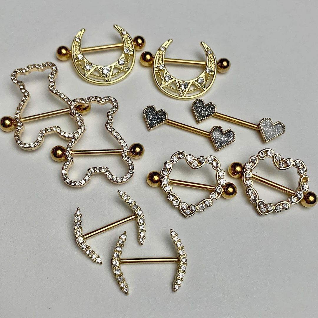 14G 5/8 Clear Gem Gold Tone Open Crescent Nipple Shield Set