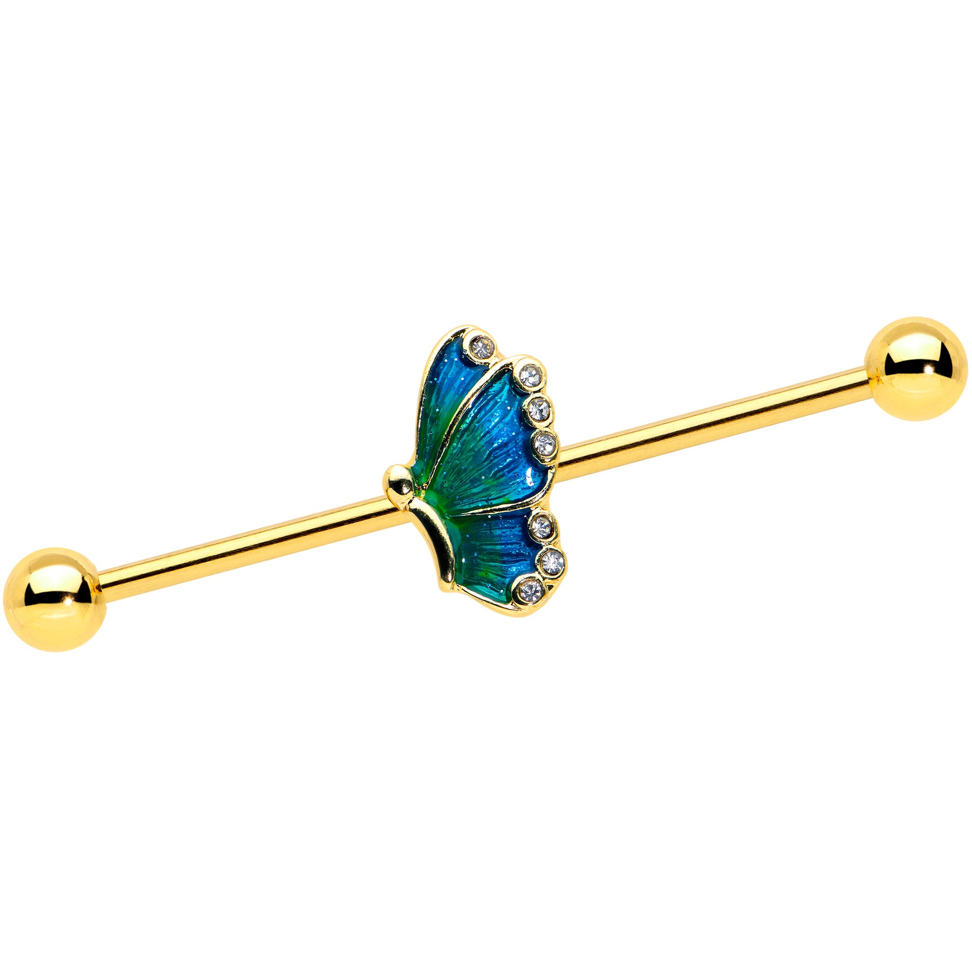 14G Gold Tone Ombre Blue Butterfly Industrial Barbell 38mm