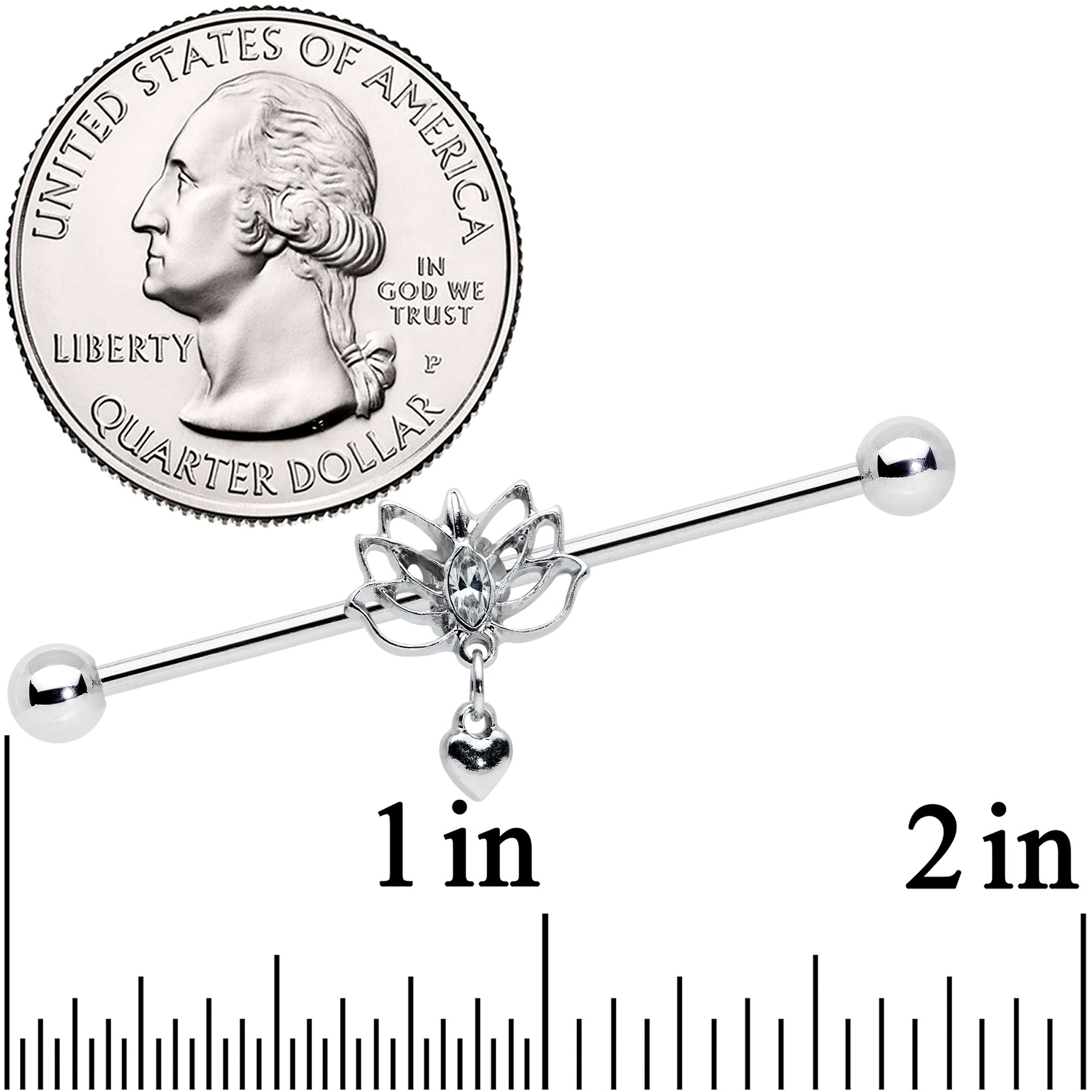 14G Clear Gem Lotus Flower Heart Dangle Industrial Barbell 38mm