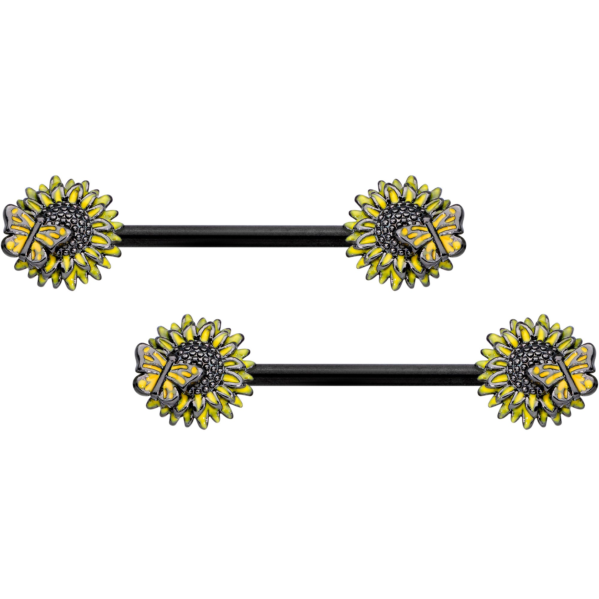 14G 5/8 Black Sunflower Butterfly Barbell Nipple Ring Set