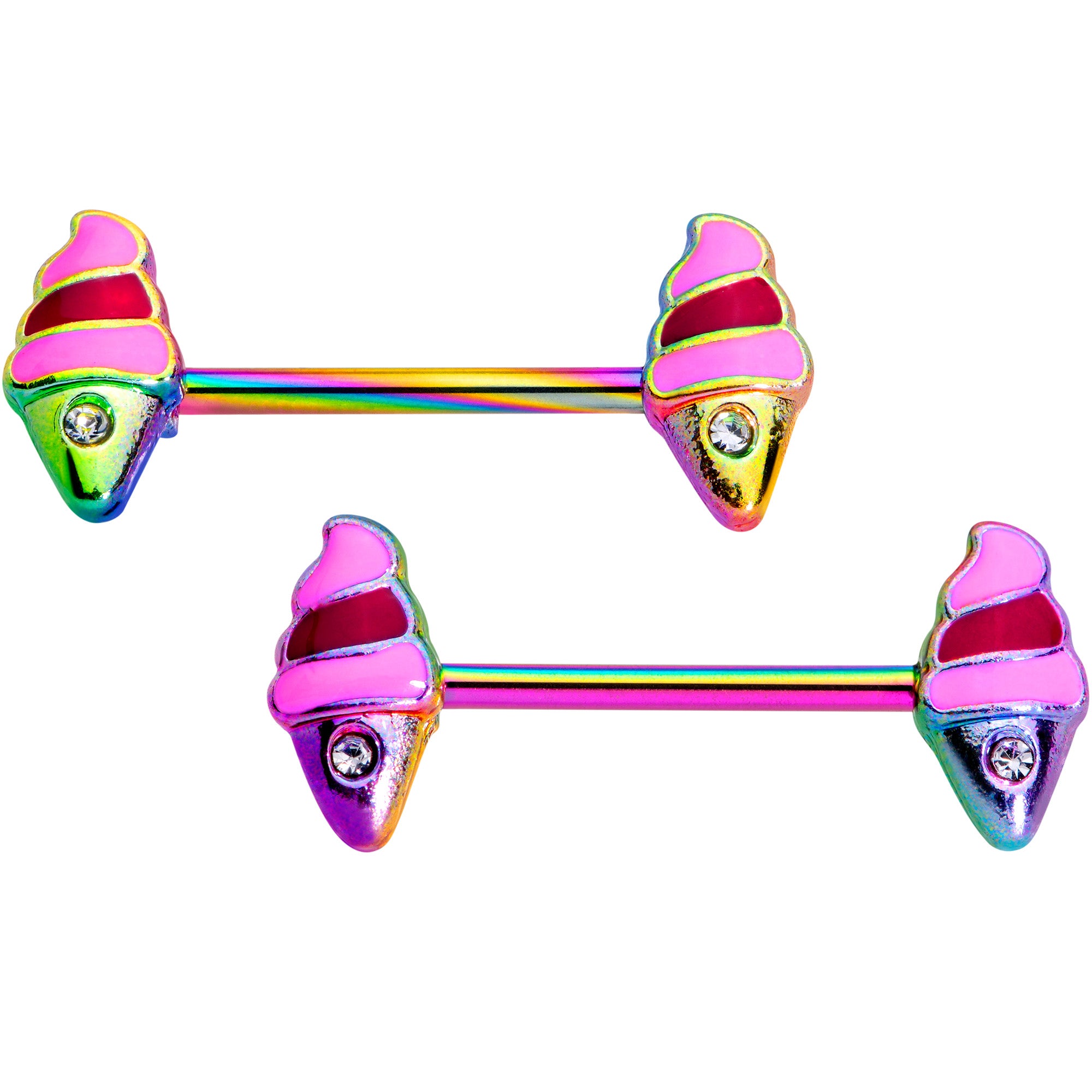 14G 9/16 Clear Gem Rainbow Ice Cream Cone Barbell Nipple Ring Set
