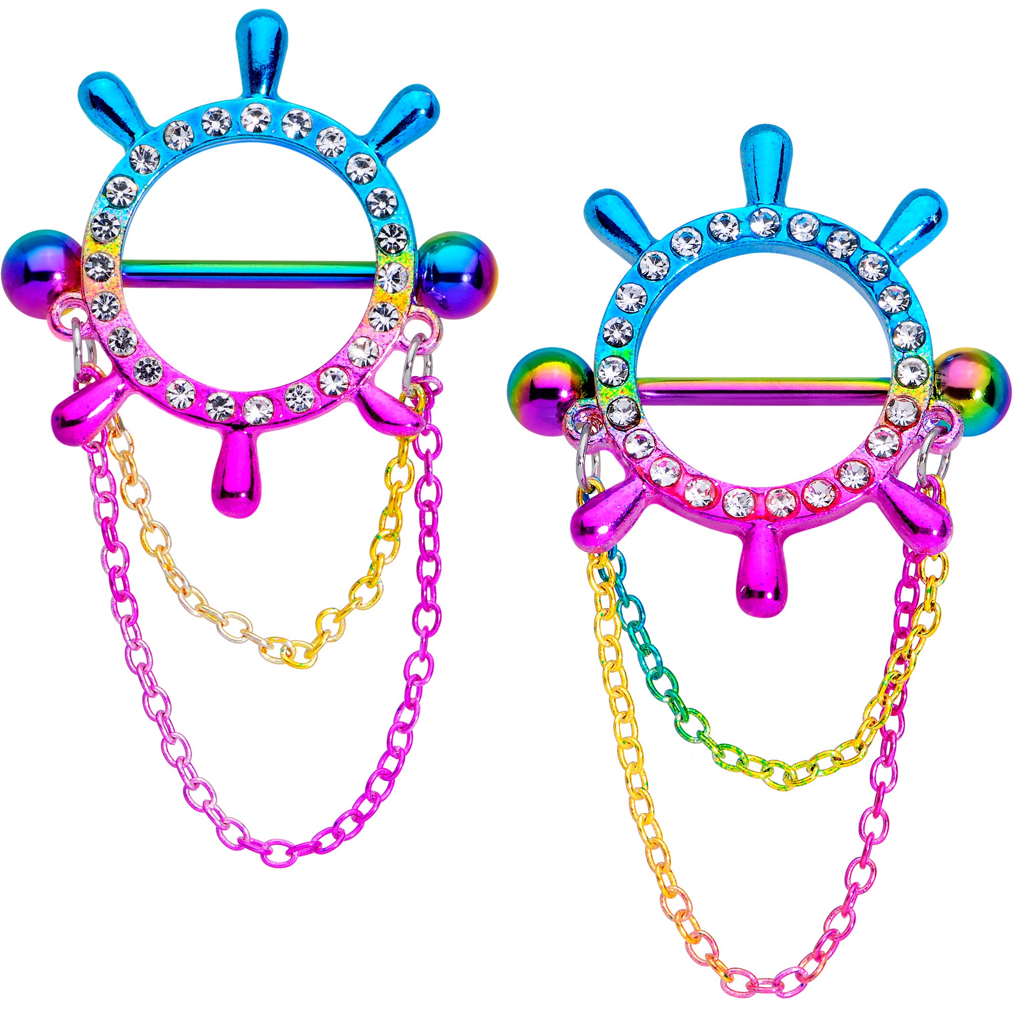 14G 9/16 Clear Gem Rainbow Ships Wheel Chain Dangle Nipple Shield Set
