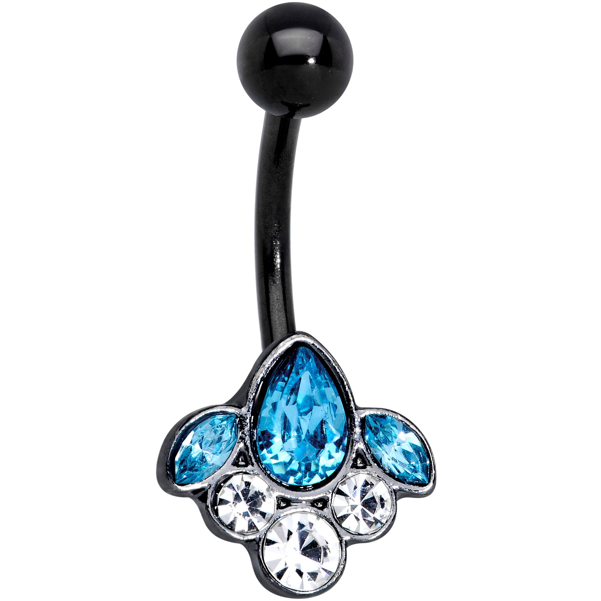Clear Aqua Gem Black Anodized Classic Cluster Belly Ring