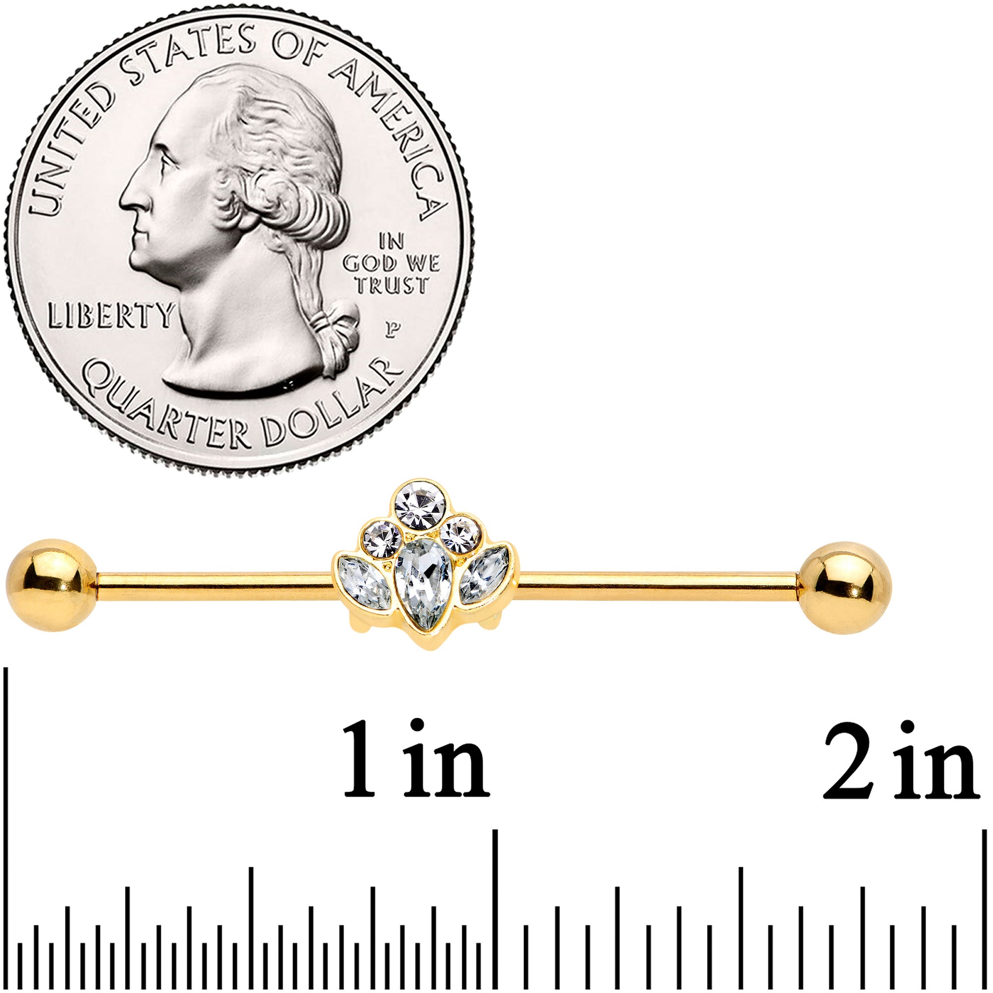 14G Clear Gem Gold Tone Anodized Cluster Industrial Barbell 38mm