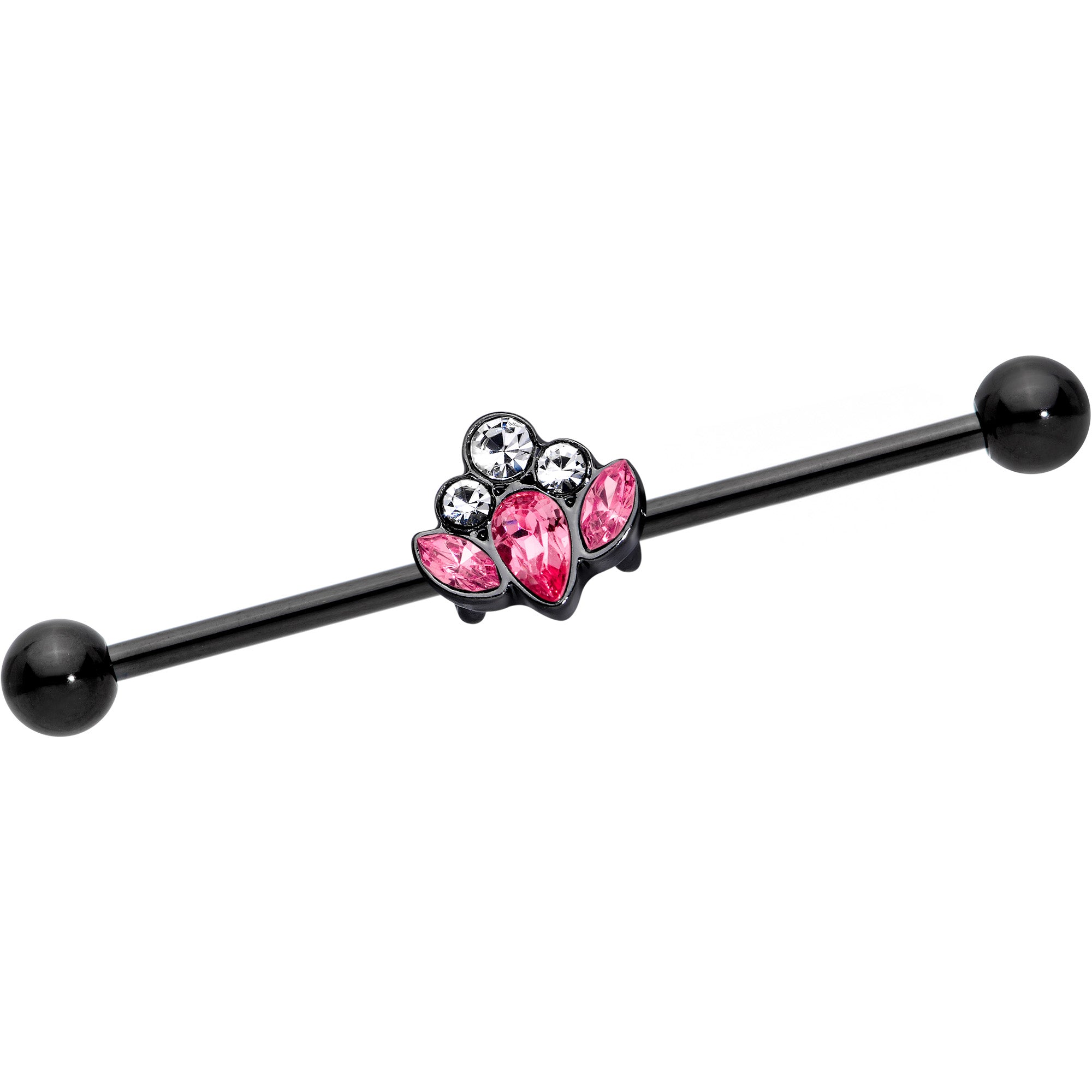 14G Clear Pink Gem Black Anodized Classic Cluster Industrial Barbell 38mm