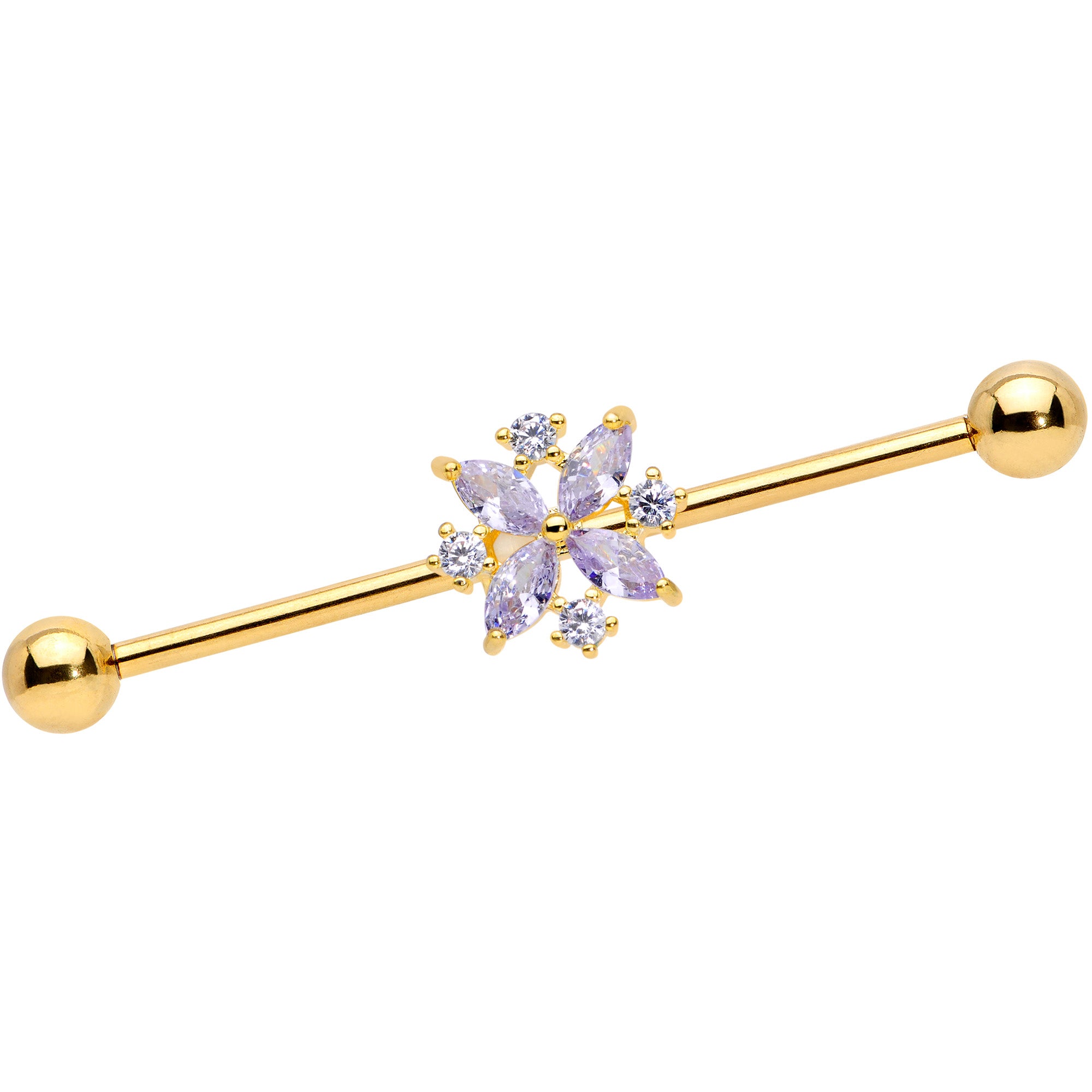 14G Purple CZ Gem Gold Tone Star Burst Industrial Barbell 38mm
