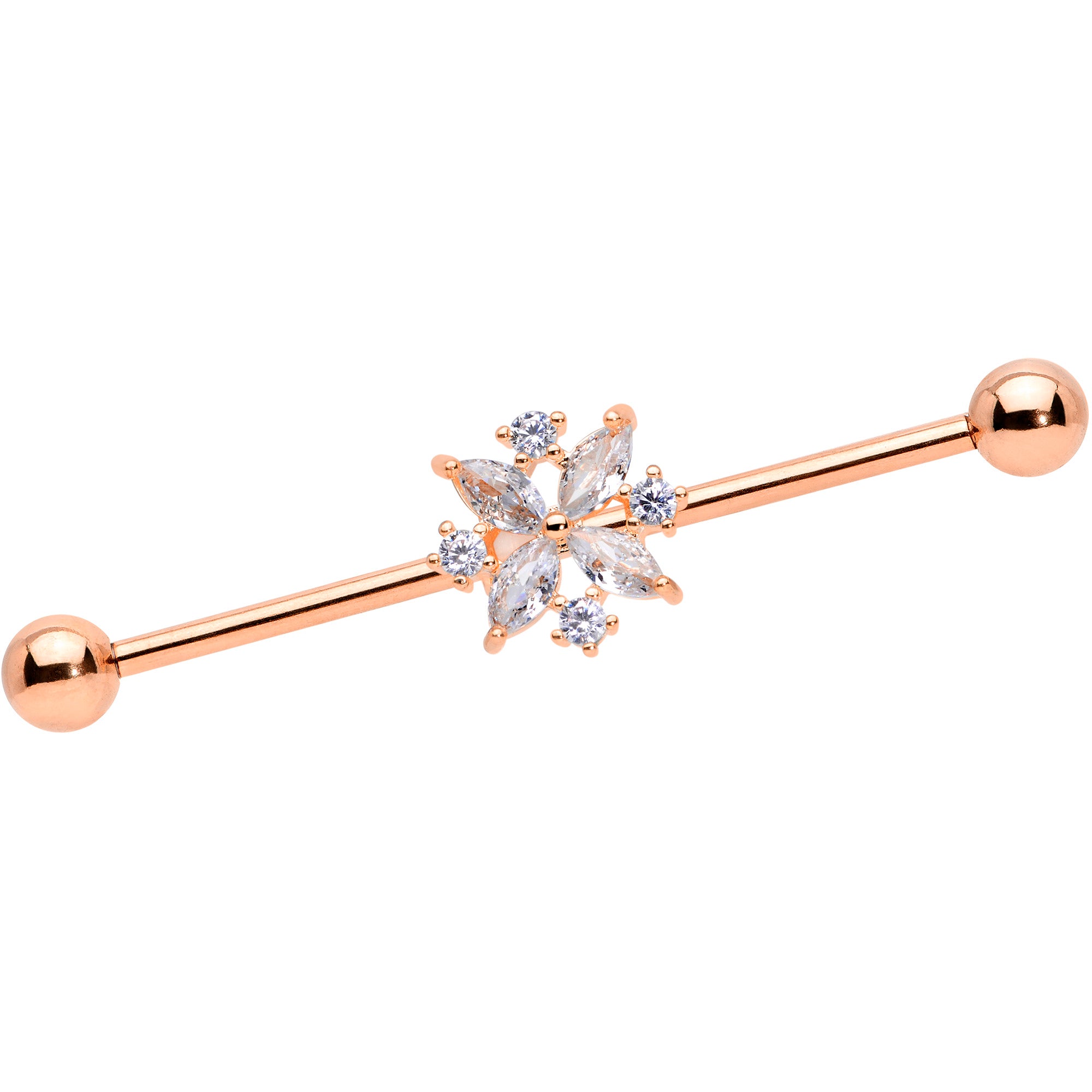 14G Clear CZ Gem Rose Gold Tone Star Burst Industrial Barbell 38mm
