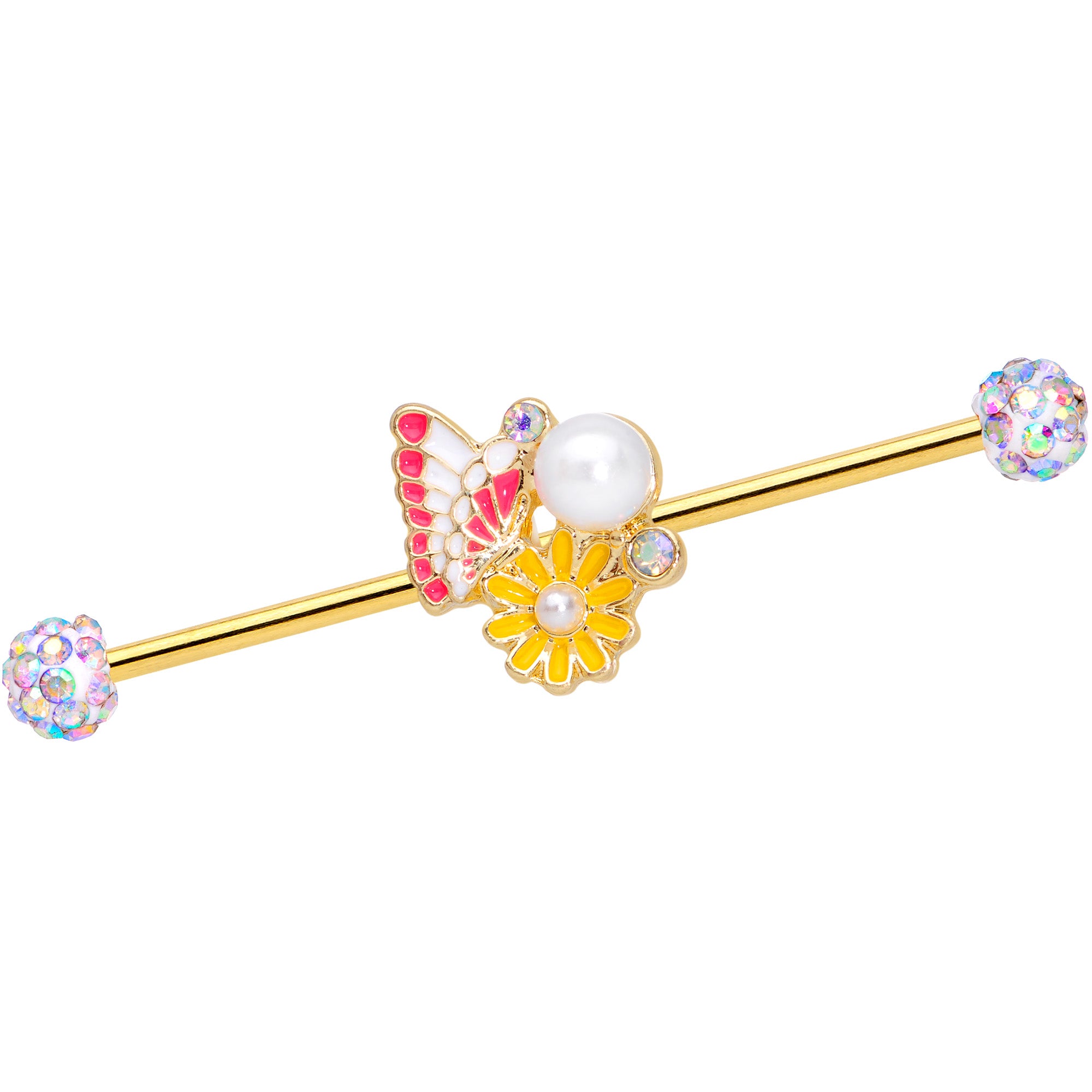 14G Aurora Gem Gold Tone Butterfly Flower Industrial Barbell 38mm