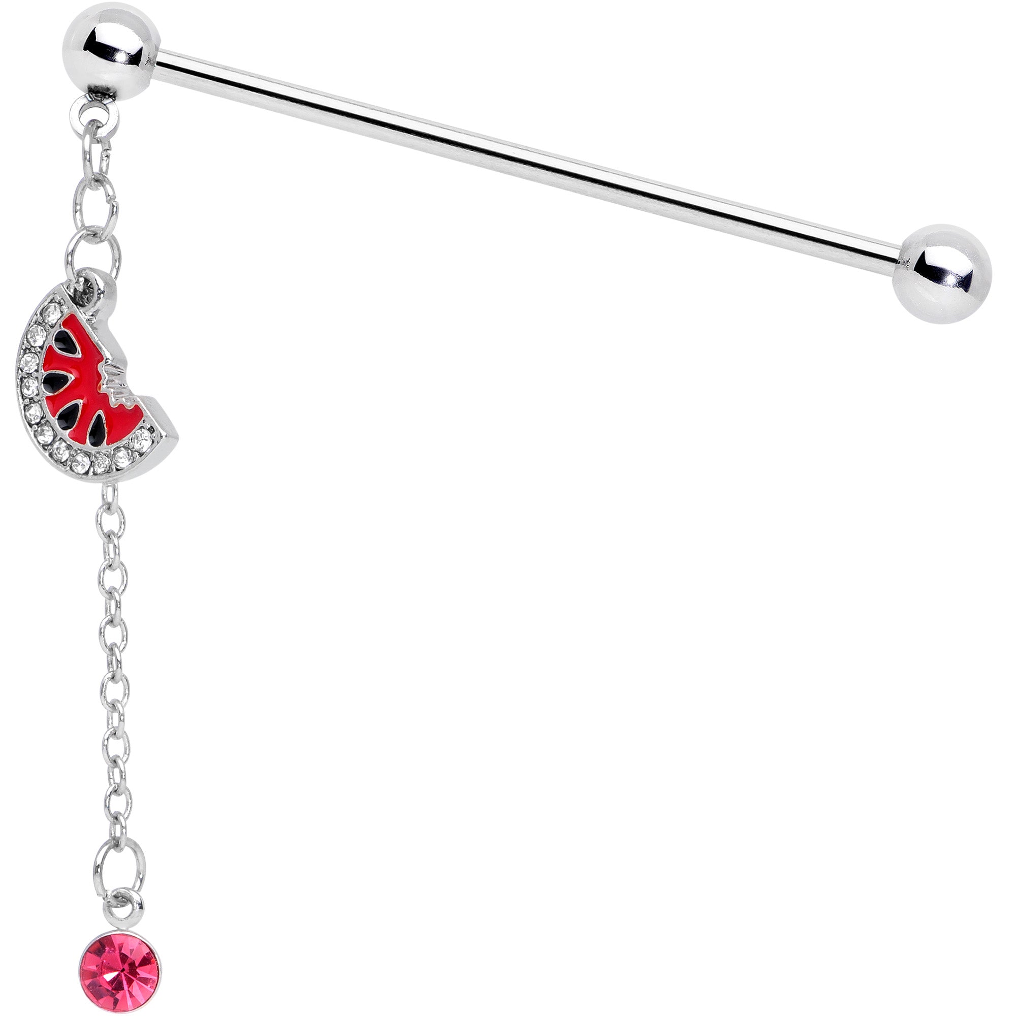 14G Clear Pink Gem Watermelon Chain Dangle Industrial Barbell 38mm