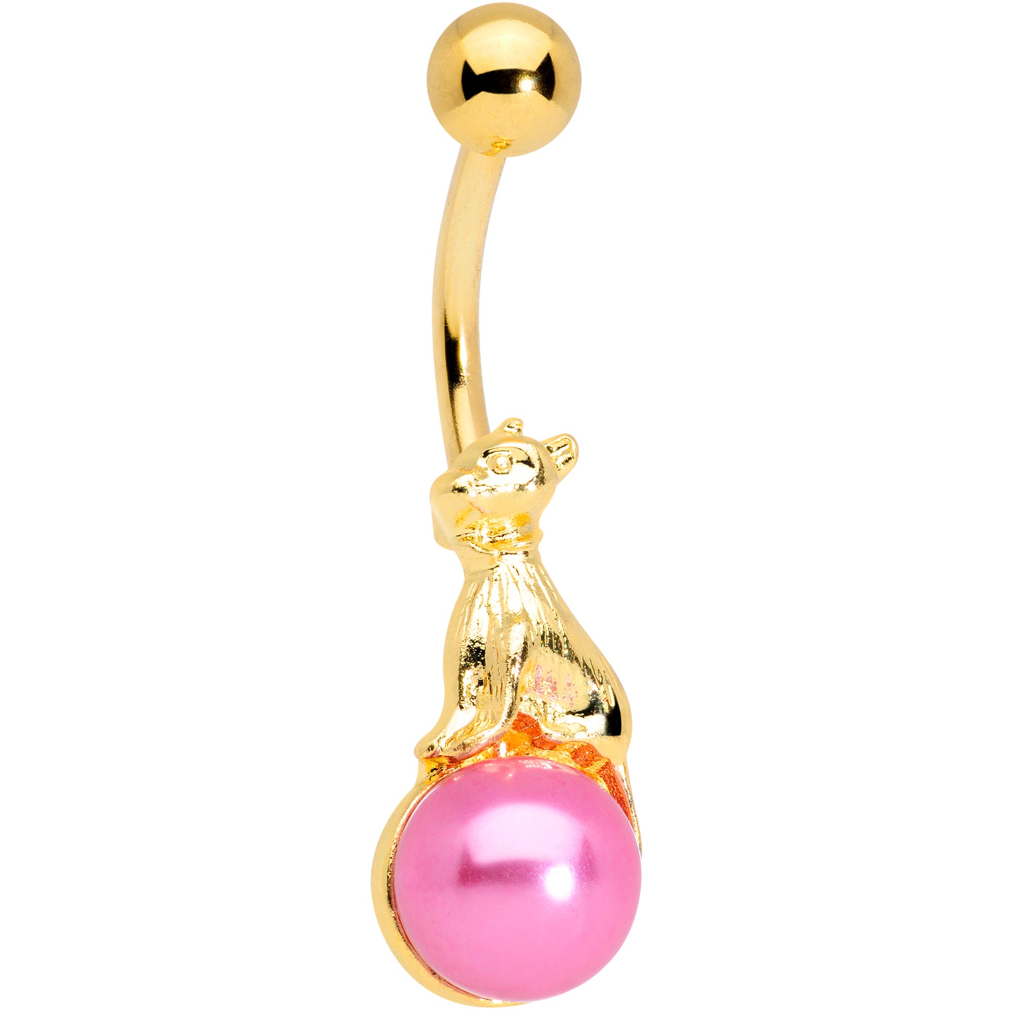 Gold Tone Dog on Pink Orb Belly Ring