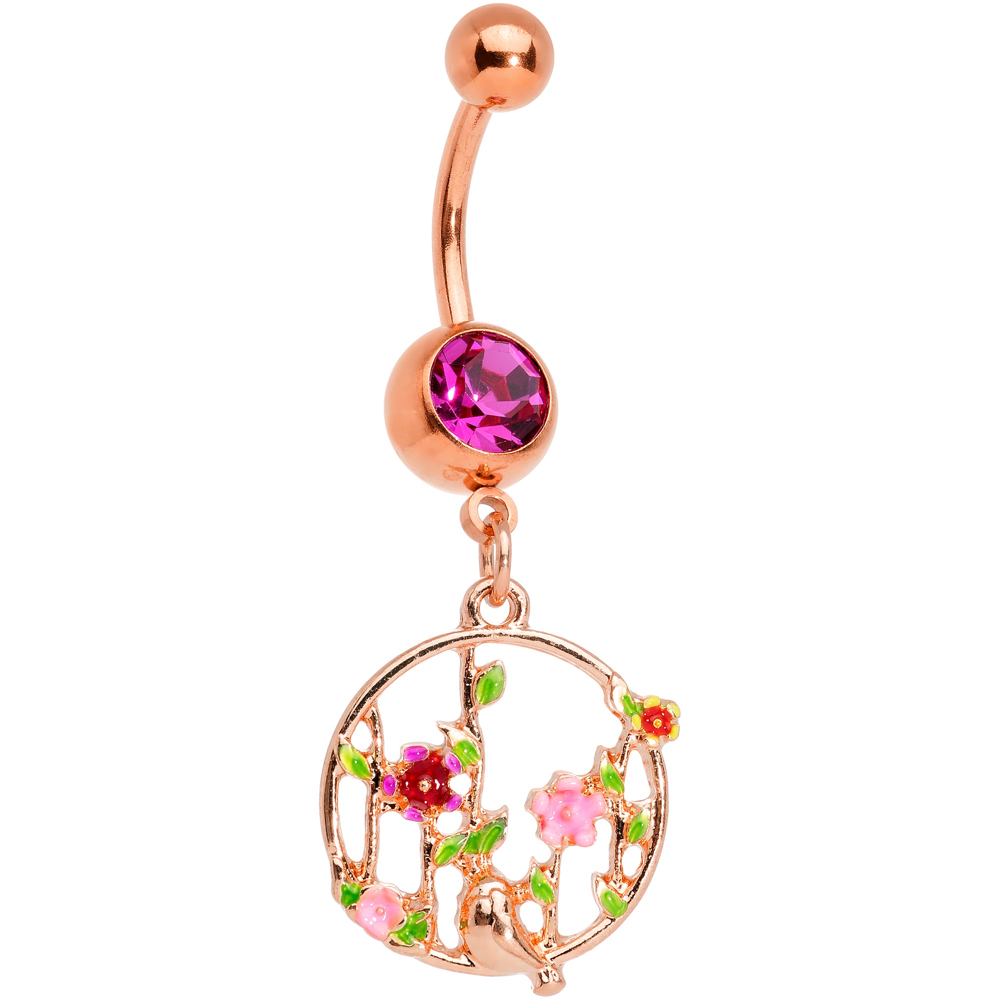 Pink Gem Rose Gold Tone Floral Circle Dangle Belly Ring
