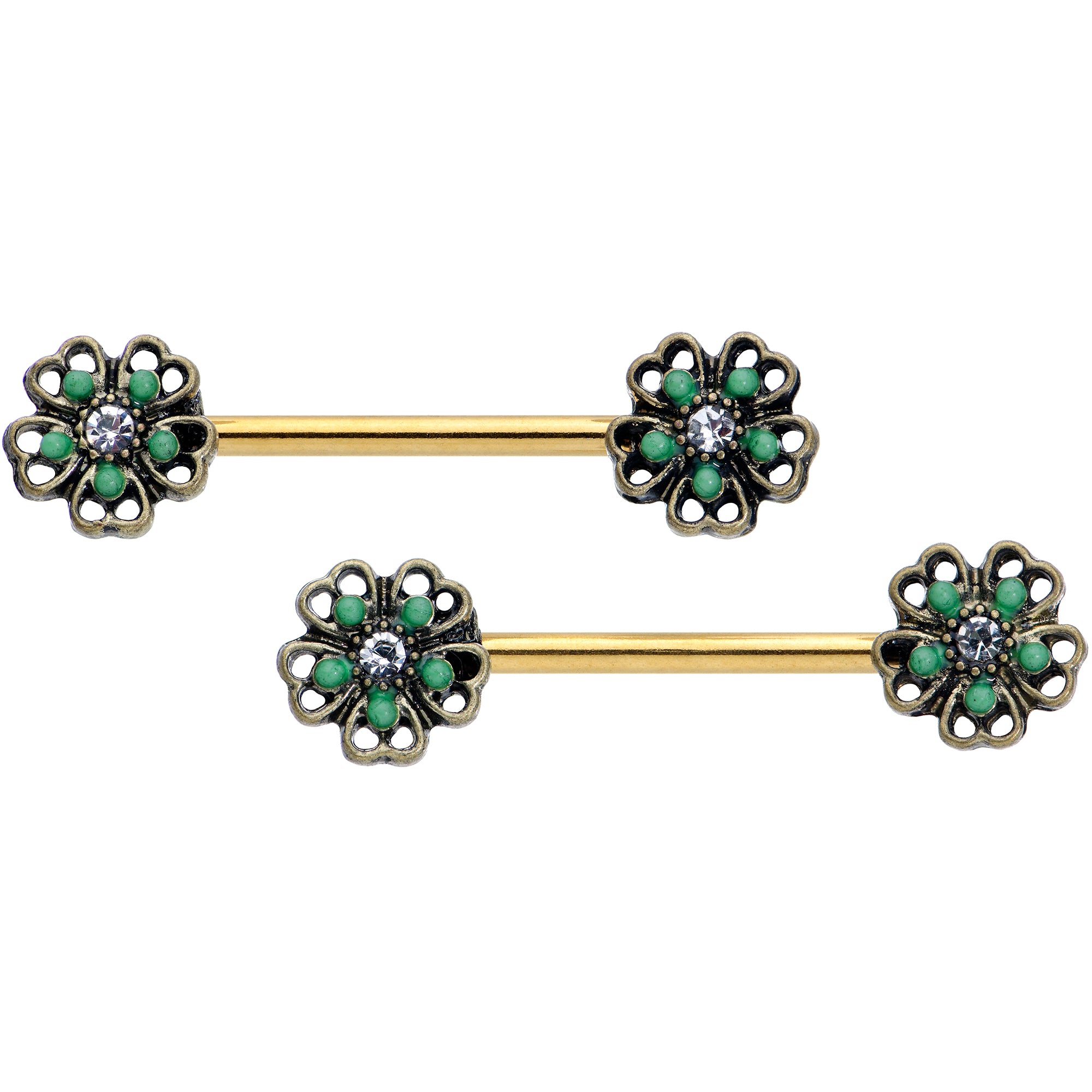 14G 9/16 Gold Tone Green Flower St Patricks Day Nipple Ring Set