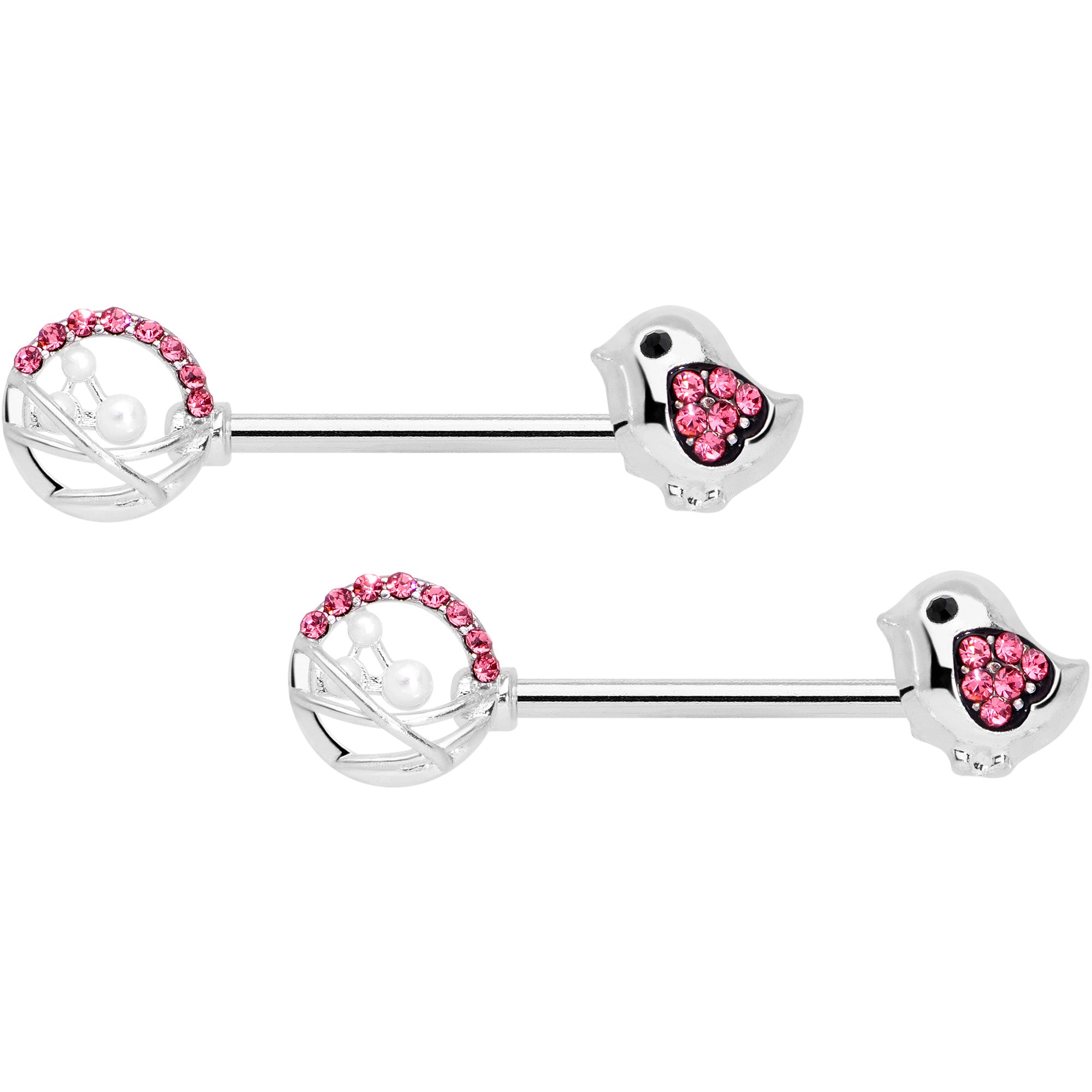 14G 9/16 Pink Gem Basket Chick Barbell Nipple Ring Set