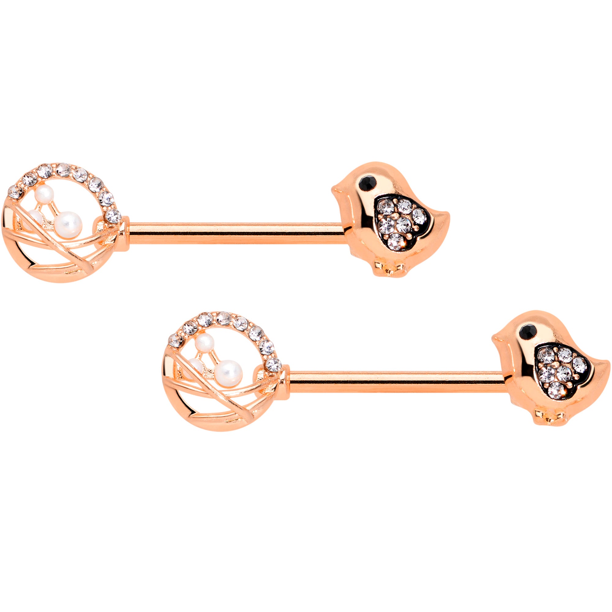 14G 9/16 Clear Gem Rose Gold Tone Basket Chick Nipple Ring Set