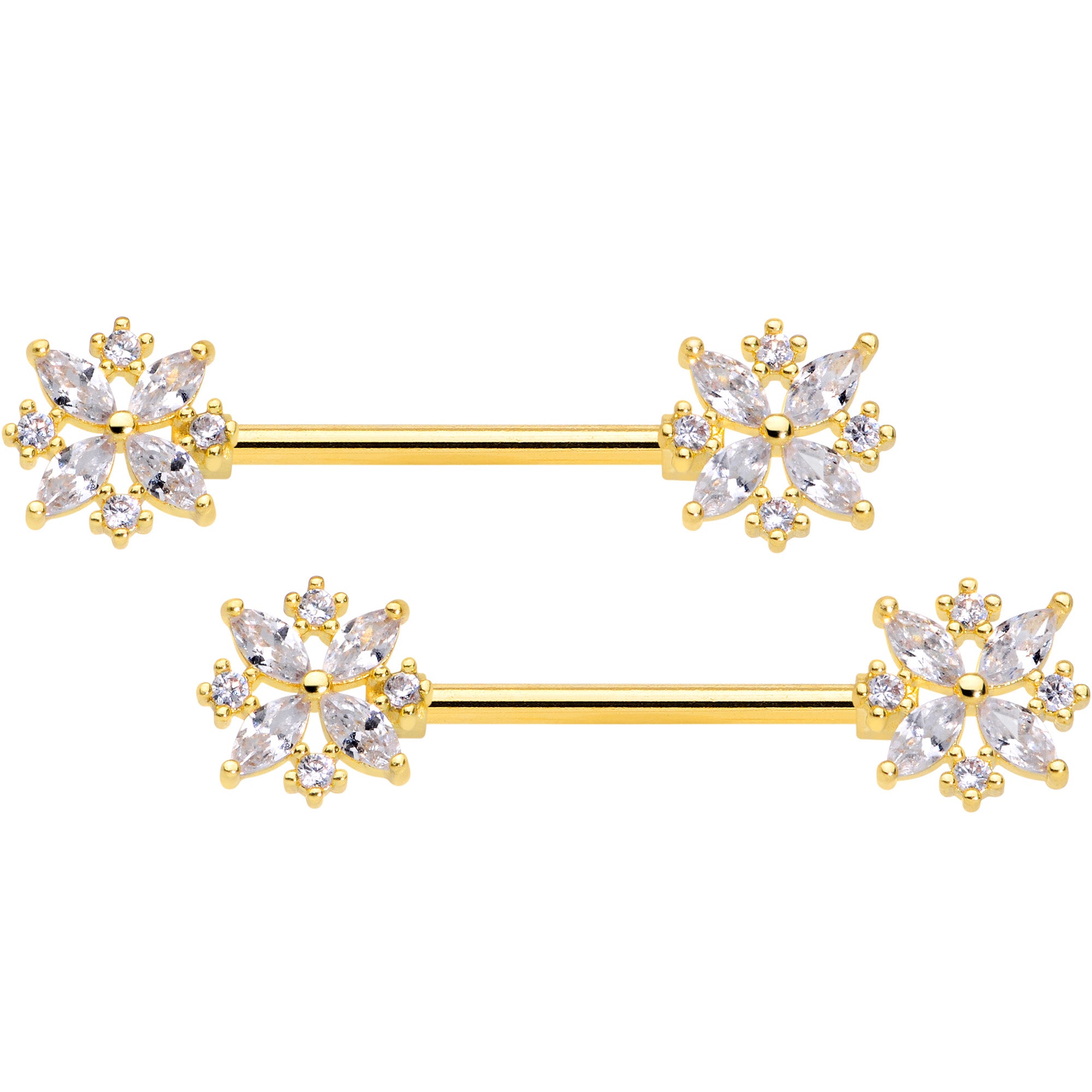 14G 5/8 Clear CZ Gem Gold Tone Star Burst Nipple Ring Set