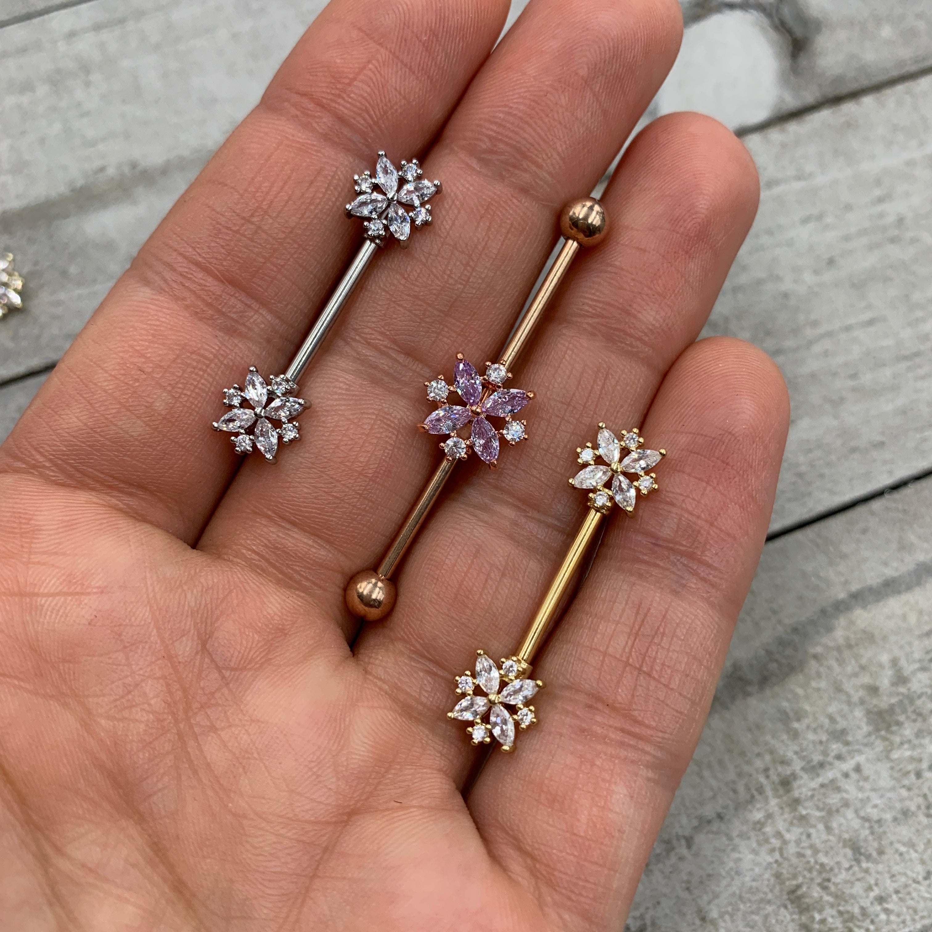 14G 5/8 Clear CZ Gem Star Burst Barbell Nipple Ring Set