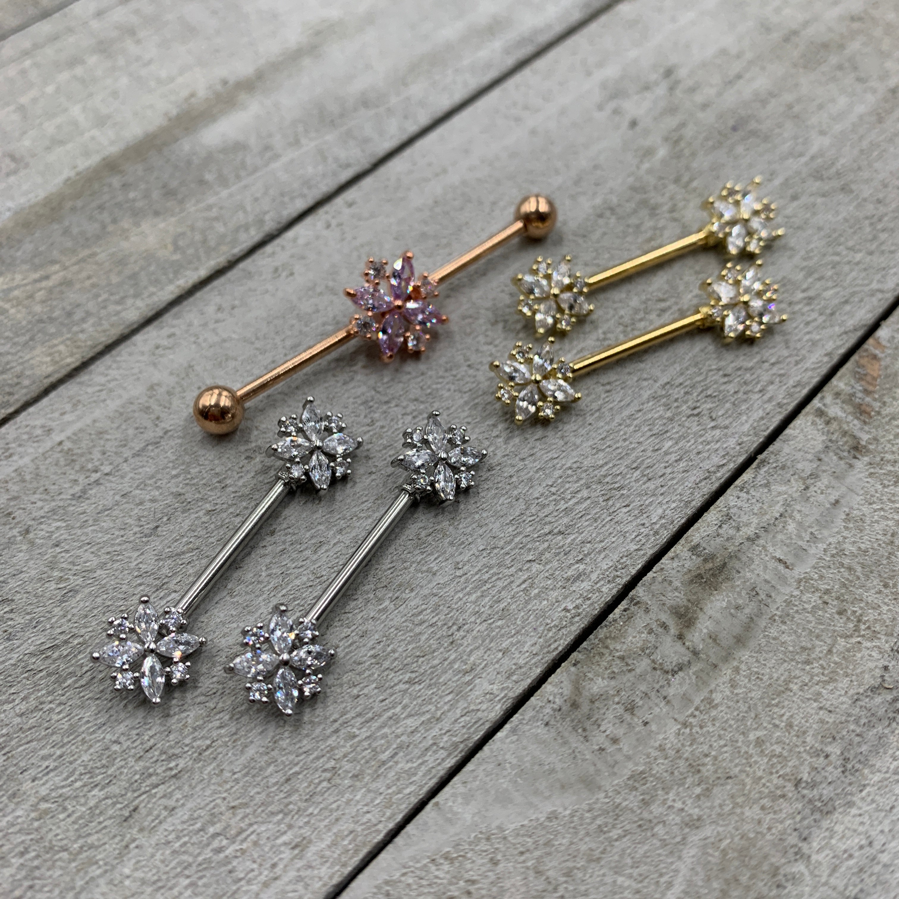 14G 5/8 Clear CZ Gem Star Burst Barbell Nipple Ring Set