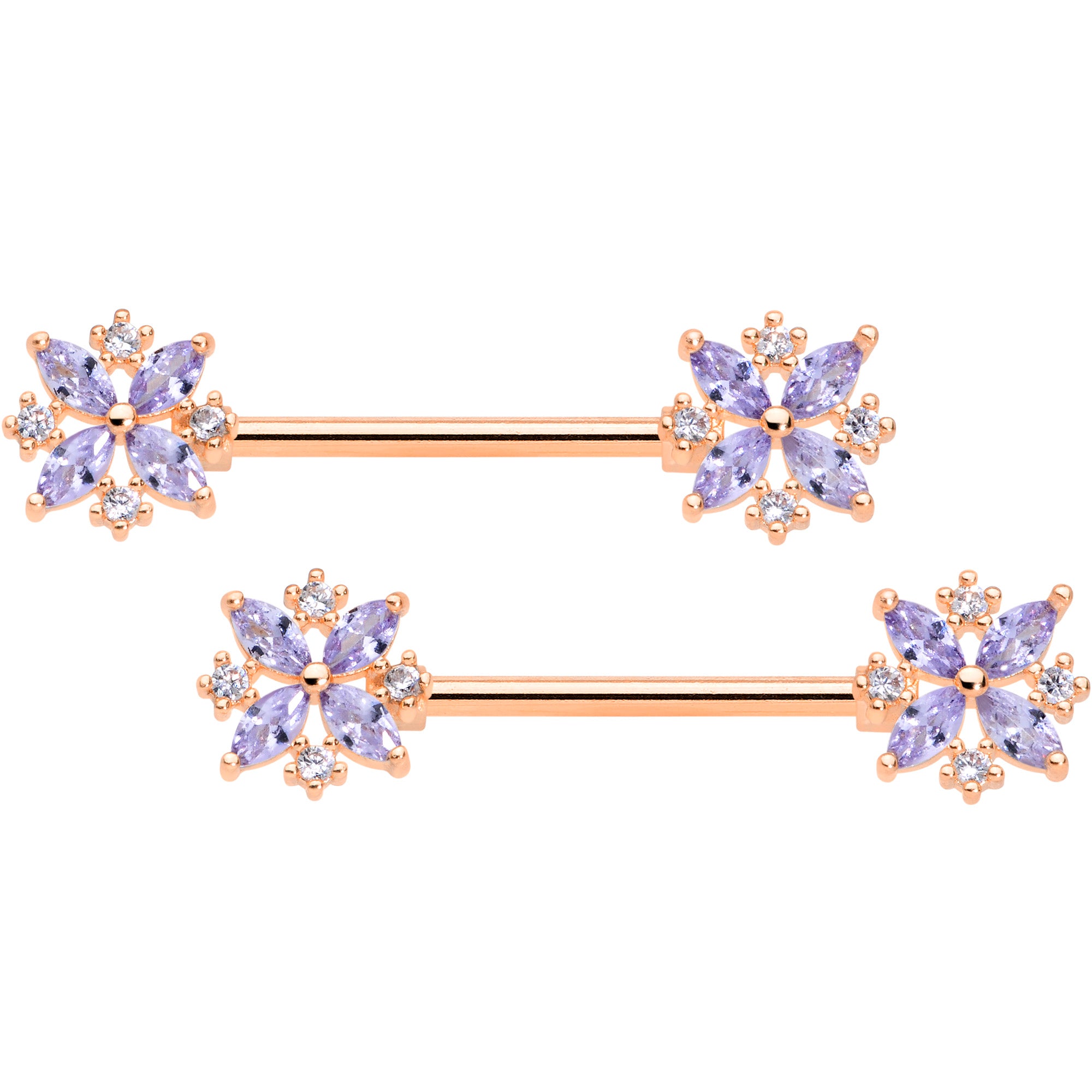14 Gauge 5/8 Purple CZ Gem Rose Gold Tone Star Burst Nipple Ring Set