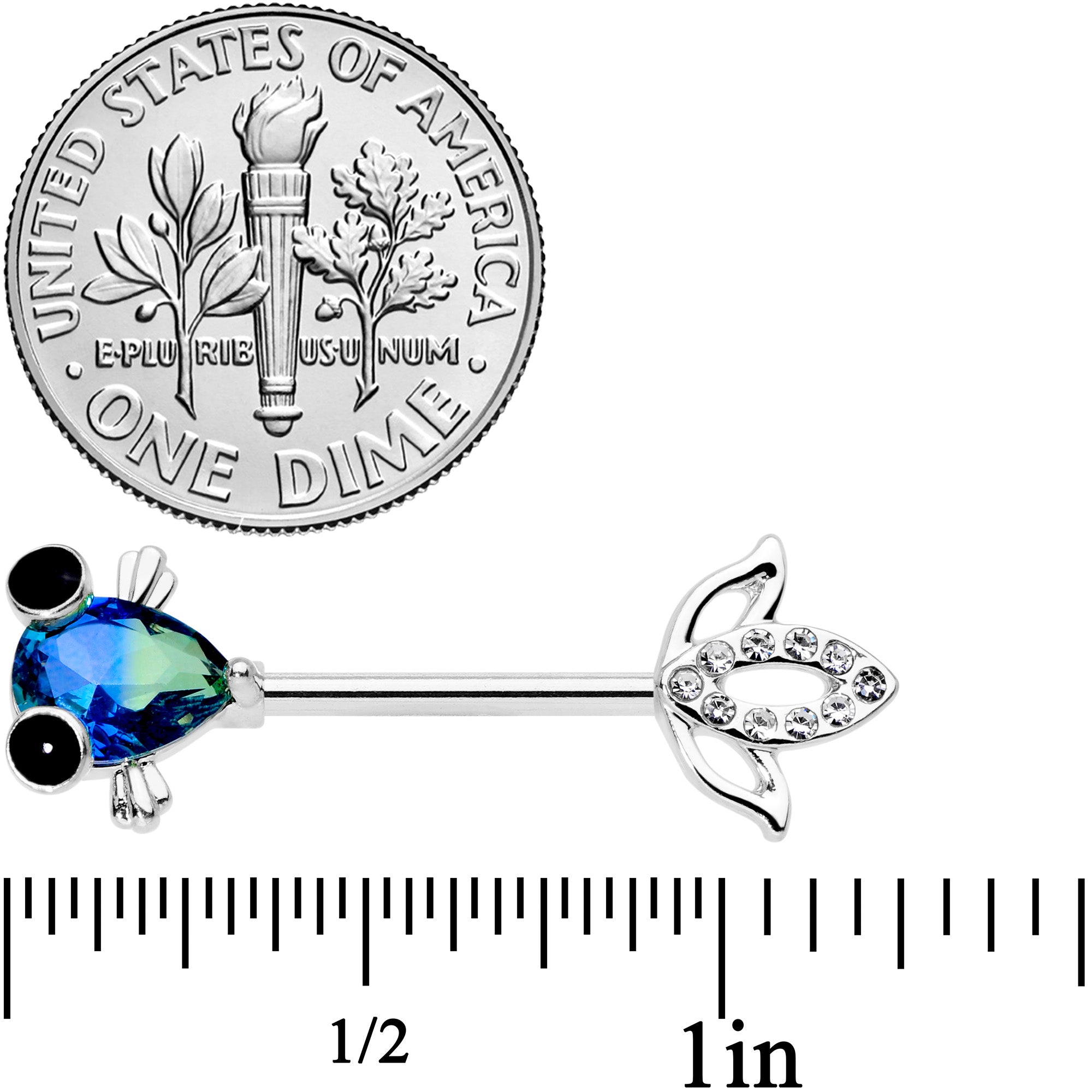 14G 9/16 Clear Aqua Gem Fish Barbell Nipple Ring Set