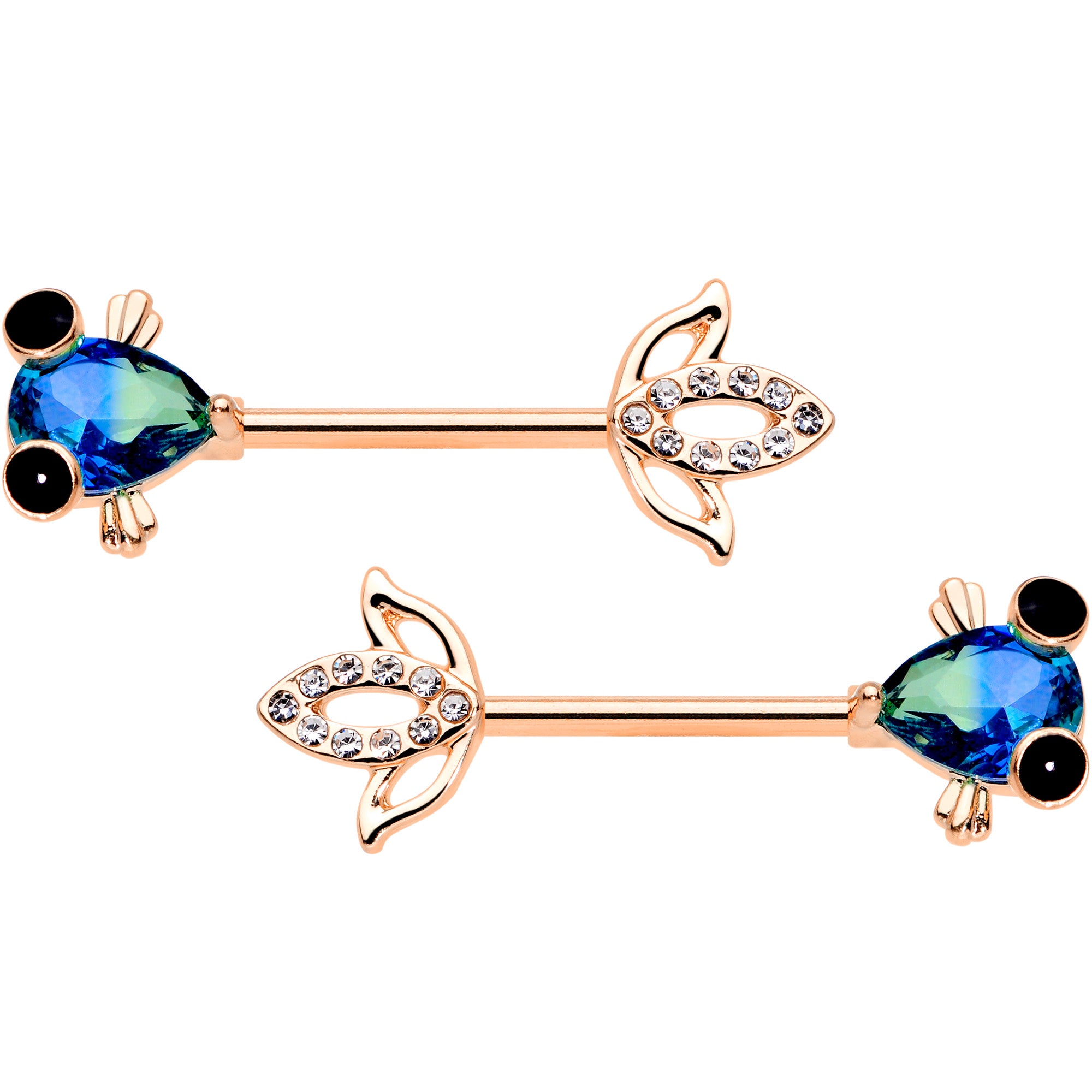 14G 9/16 Aqua Gem Rose Gold Tone Fish Barbell Nipple Ring Set