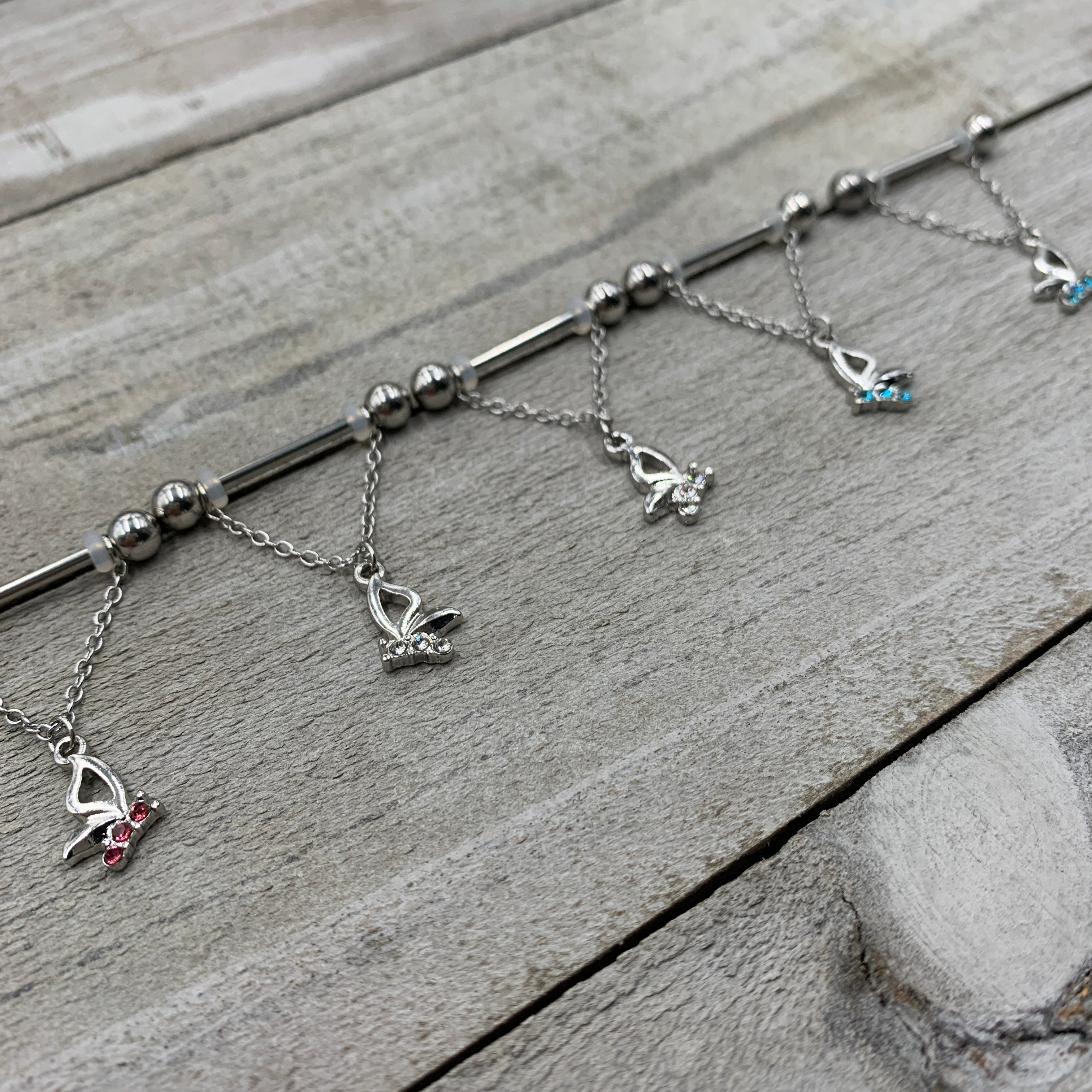 14G 5/8 Pink Gem Butterfly Dangle Nipple Ring Set