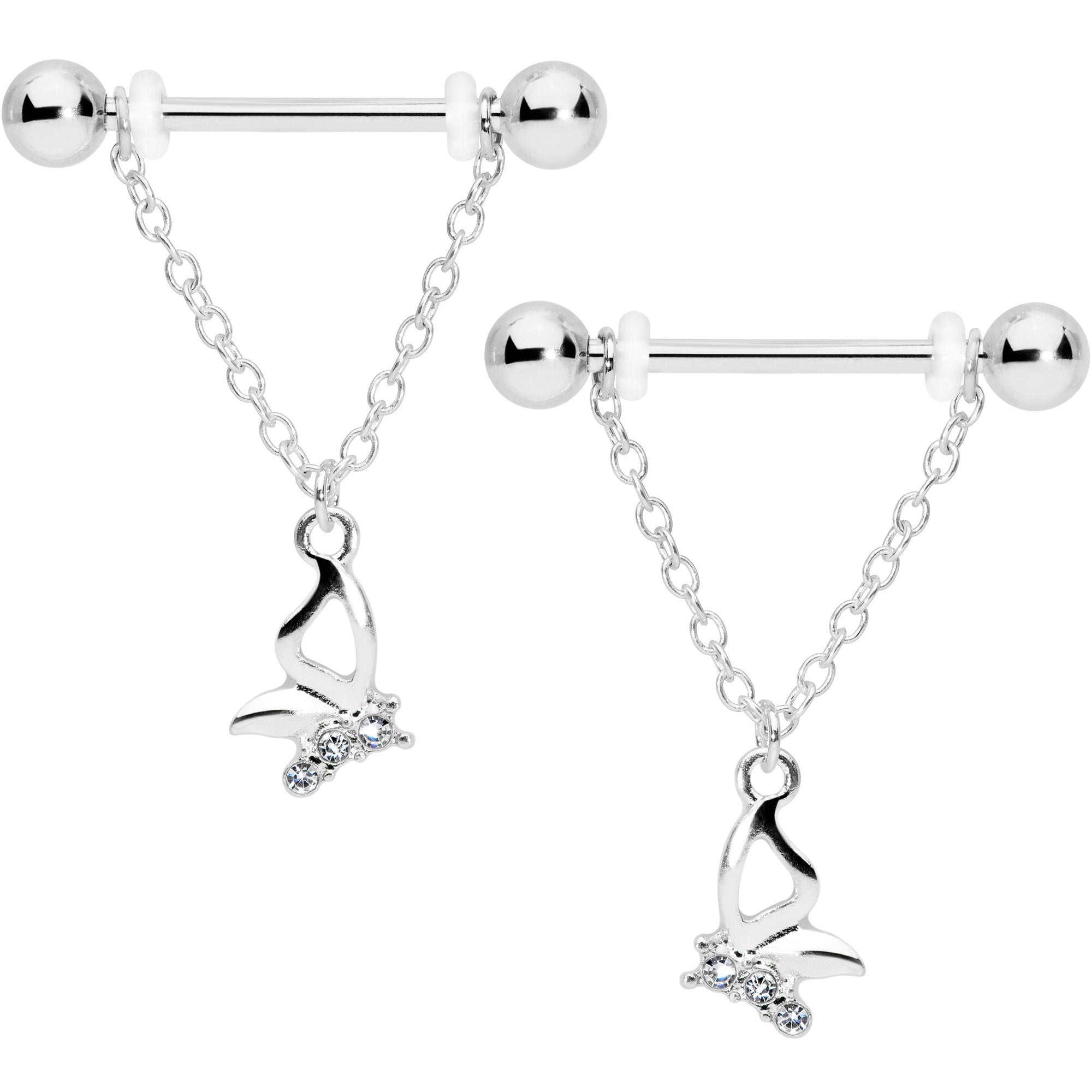 14G 5/8 Clear Gem Butterfly Dangle Nipple Ring Set