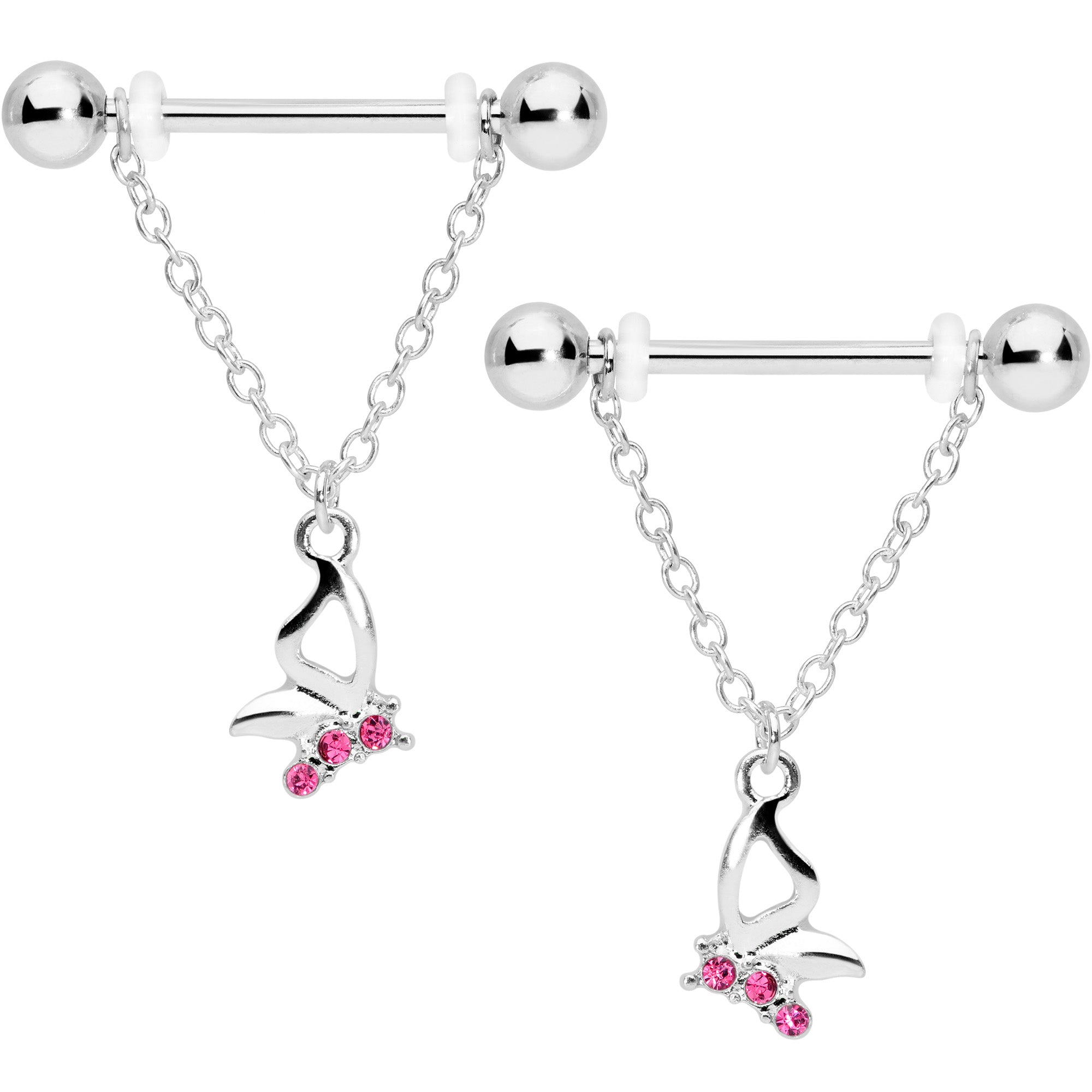 14G 5/8 Pink Gem Butterfly Dangle Nipple Ring Set