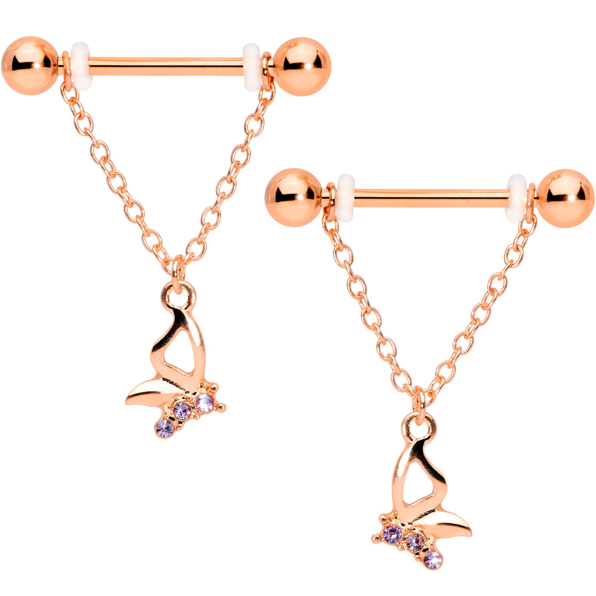 14G 5/8 Purple Gem Rose Gold Hue Butterfly Dangle Nipple Ring Set
