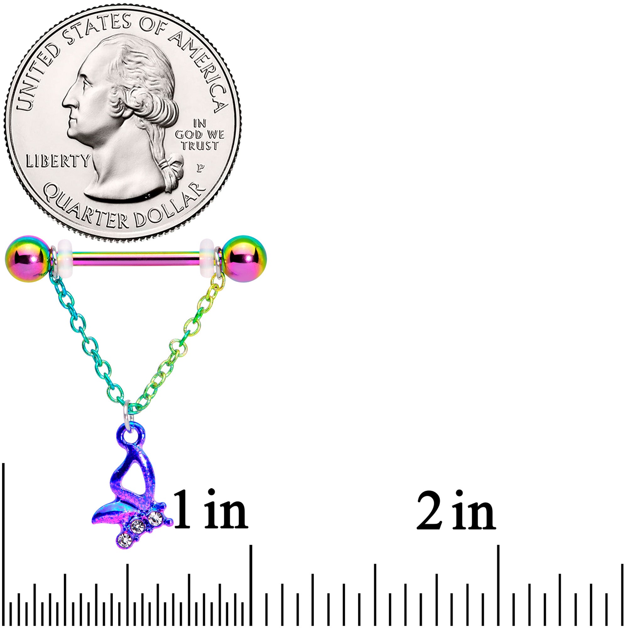 14G 5/8 Clear Gem Rainbow Butterfly Dangle Nipple Ring Set