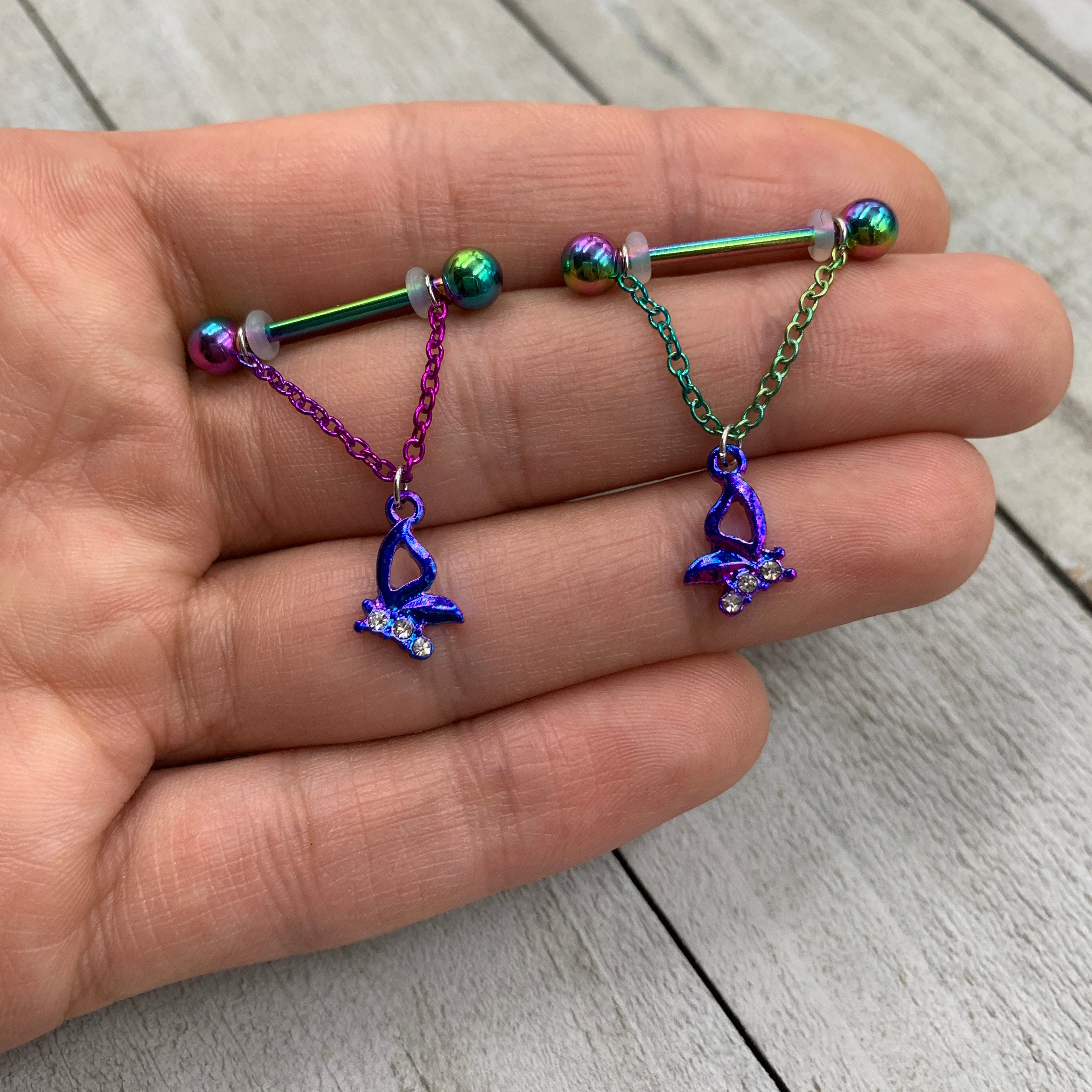 14G 5/8 Clear Gem Rainbow Butterfly Dangle Nipple Ring Set