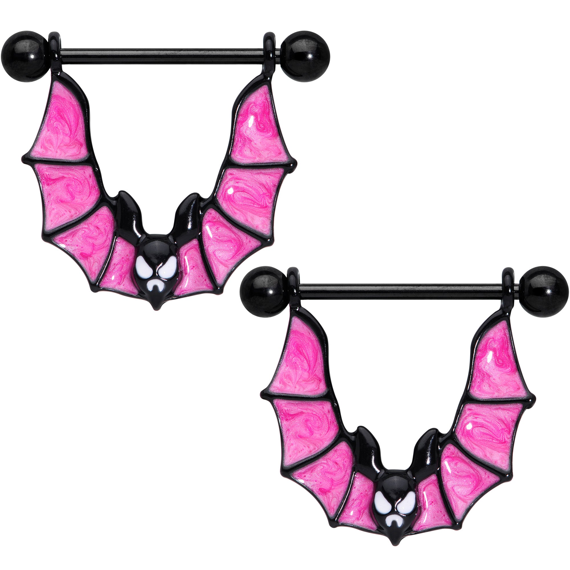 14G 3/4 Black Pinkish Bats Halloween Nipple Shield Set