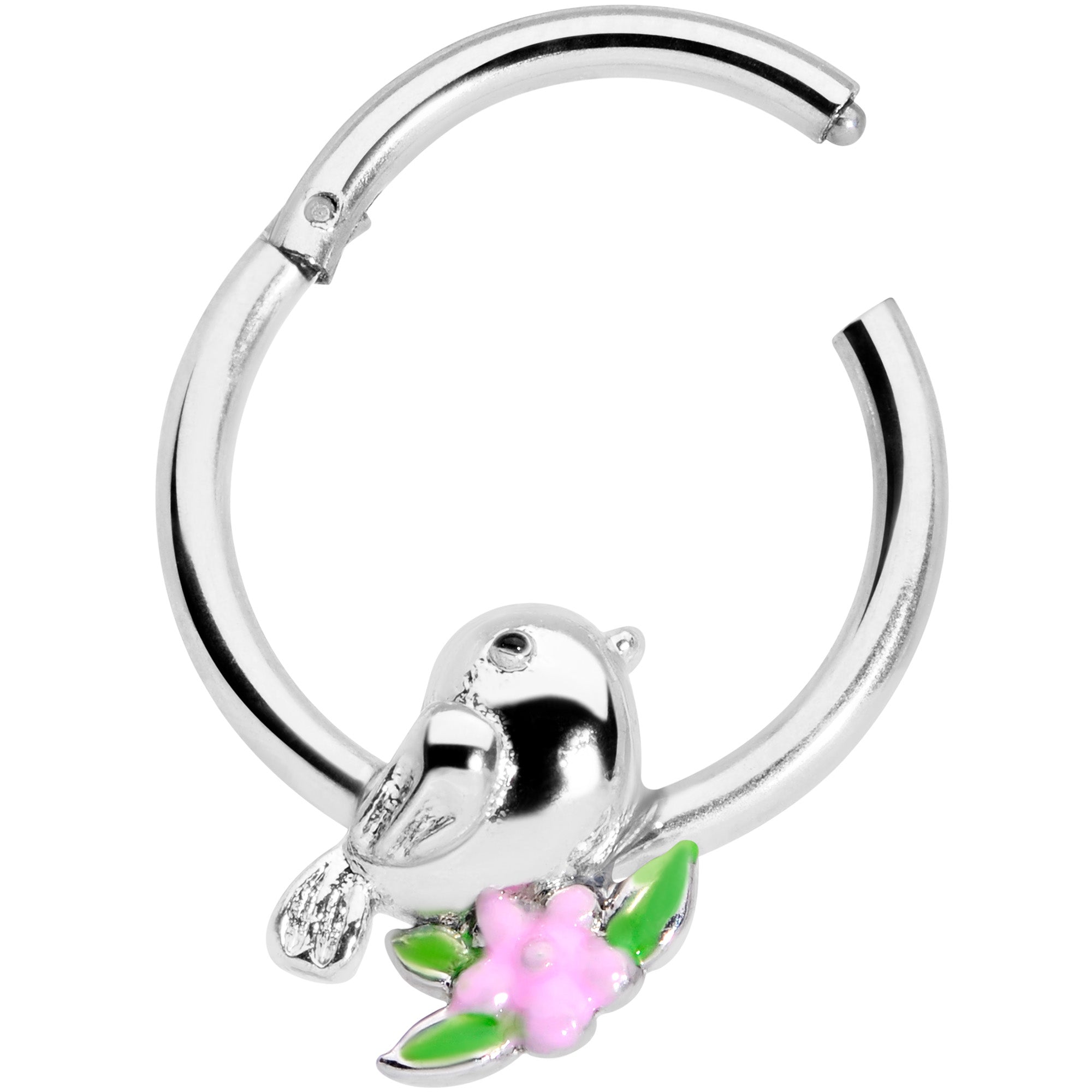 16G 3/8 Bird Pink Flower Hinged Segment Ring