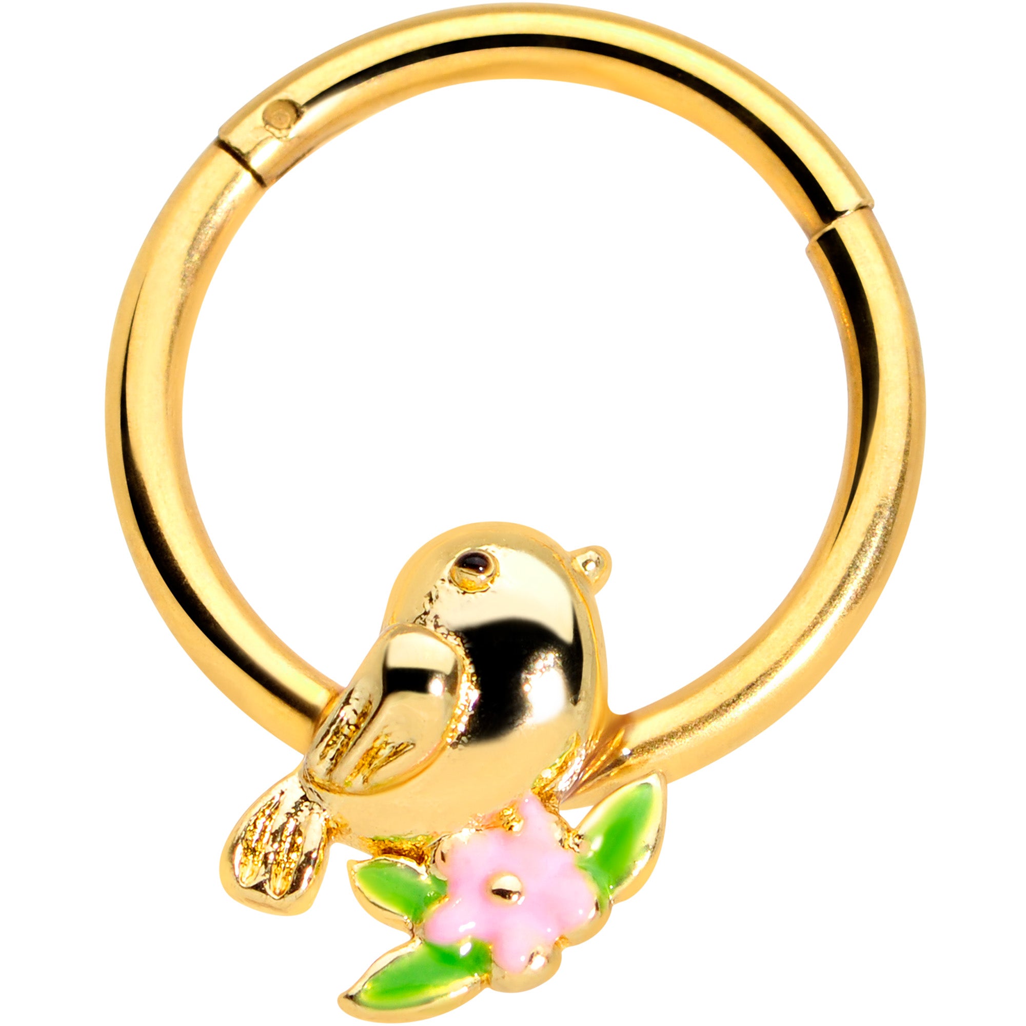 16G 3/8 Gold Tone Bird Pink Flower Hinged Segment Ring