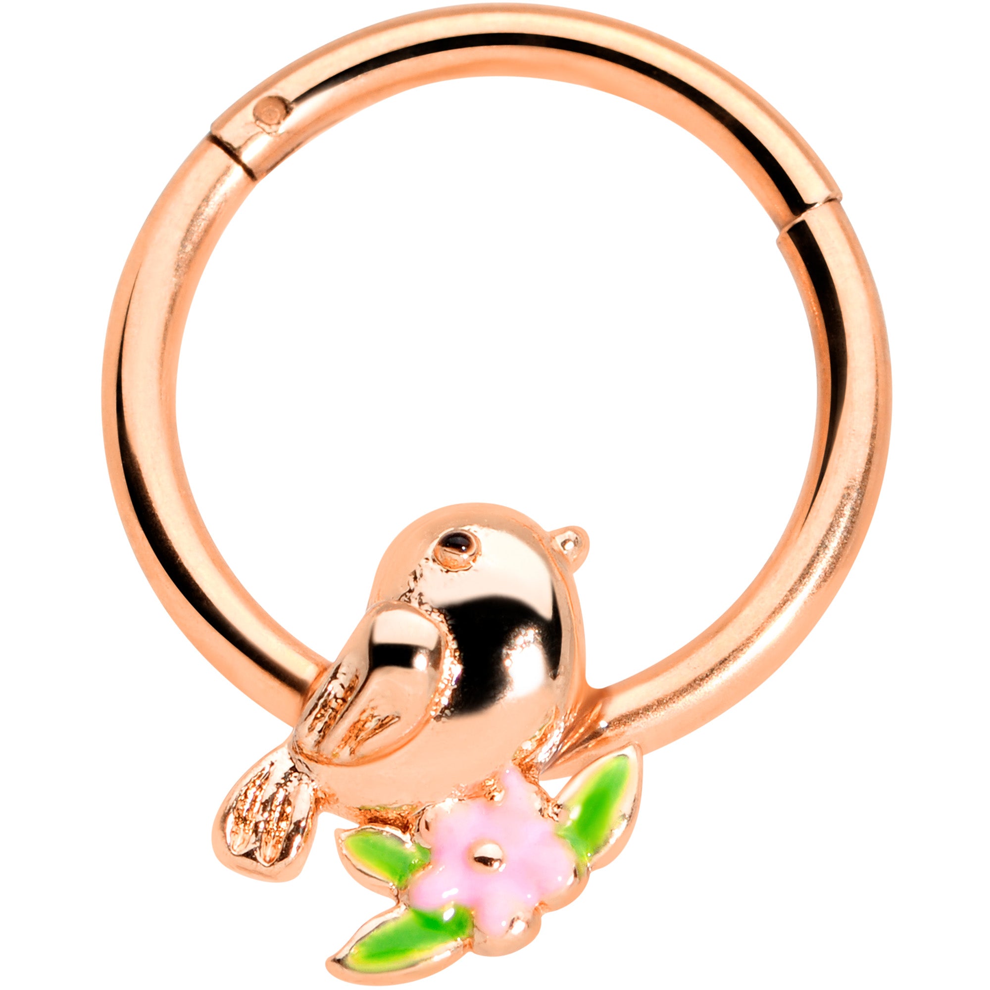 16G 3/8 Rose Gold Tone Bird Pink Flower Hinged Segment Ring