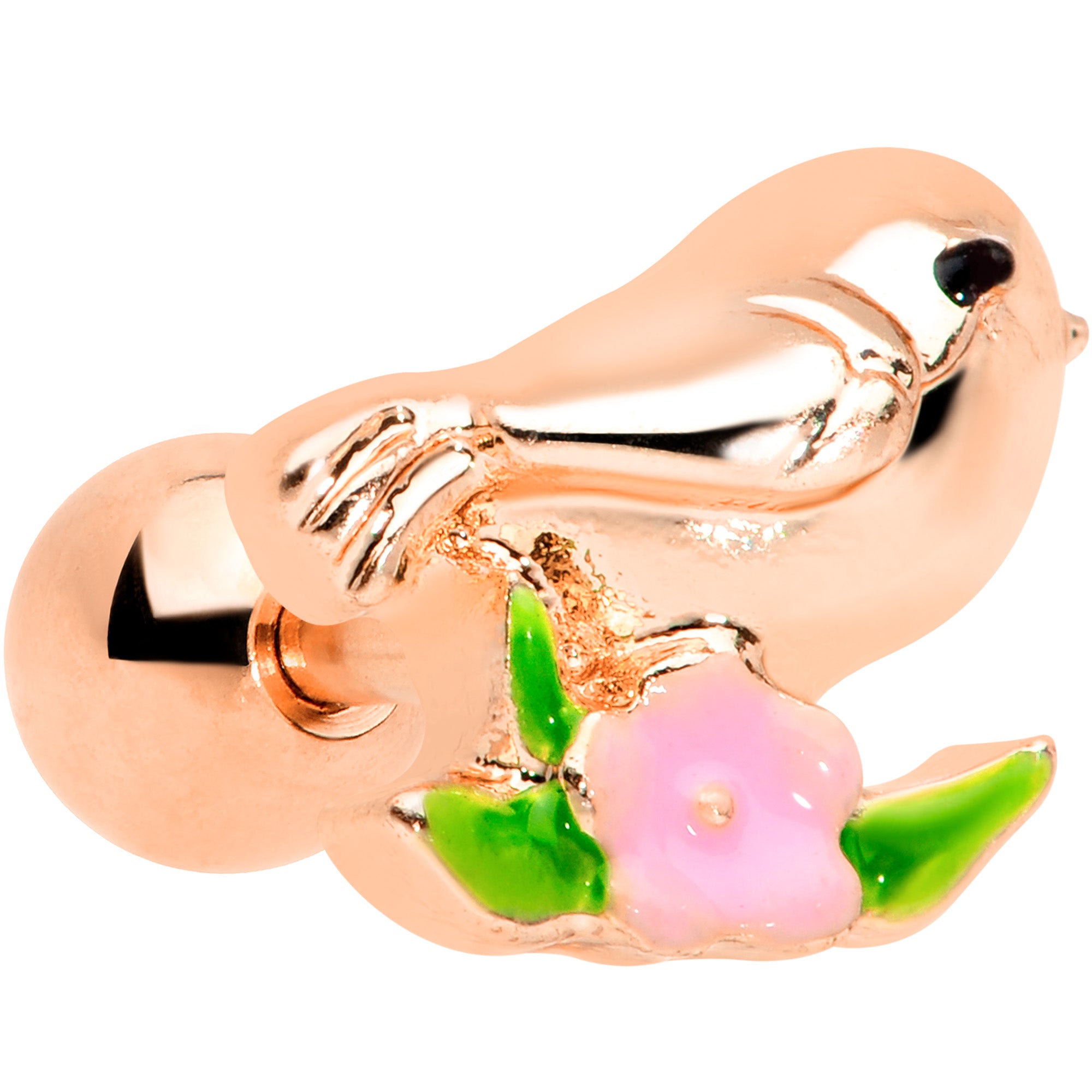 16G 1/4 Rose Gold Tone Bird Pink Flower Cartilage Tragus