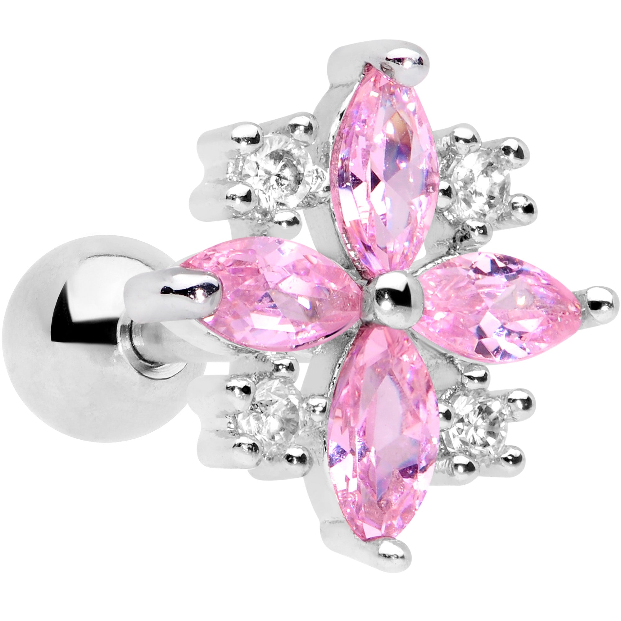 16G 1/4 Clear Pink CZ Gem Star Burst Cartilage Tragus