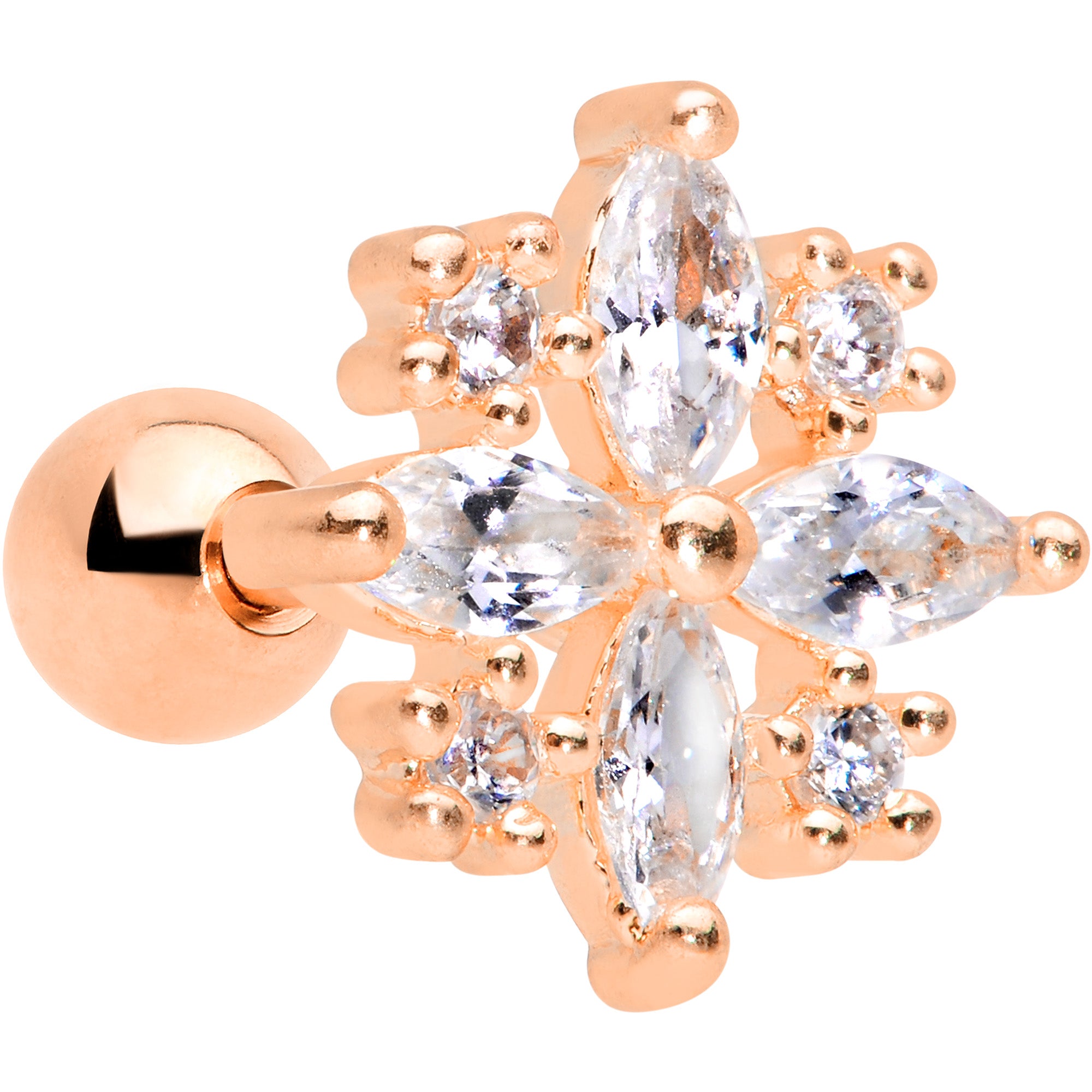16G 1/4 Clear CZ Gem Rose Gold Tone Star Burst Cartilage Tragus