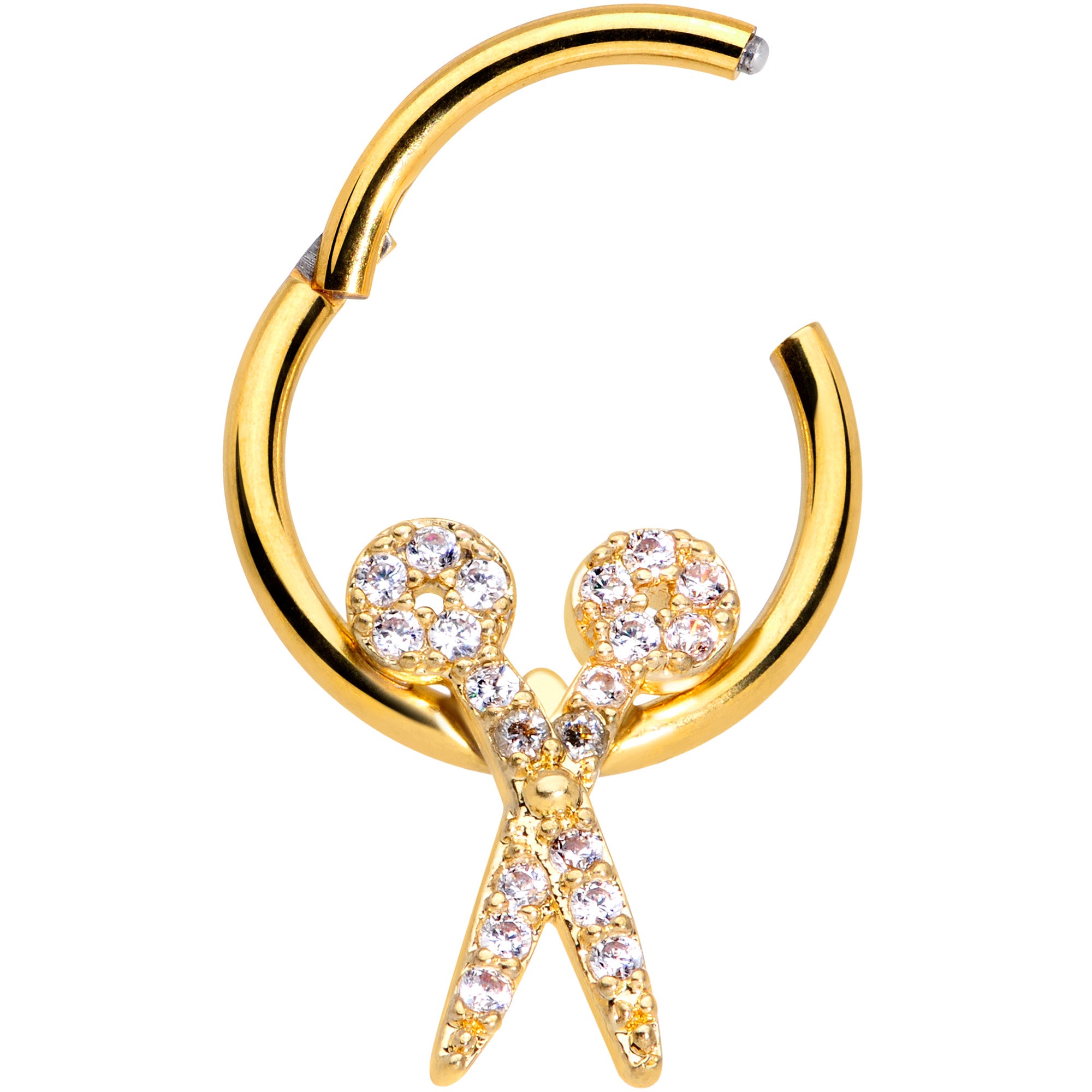 16G 3/8 Clear CZ Gem Gold Tone Scissors Hinged Segment Ring