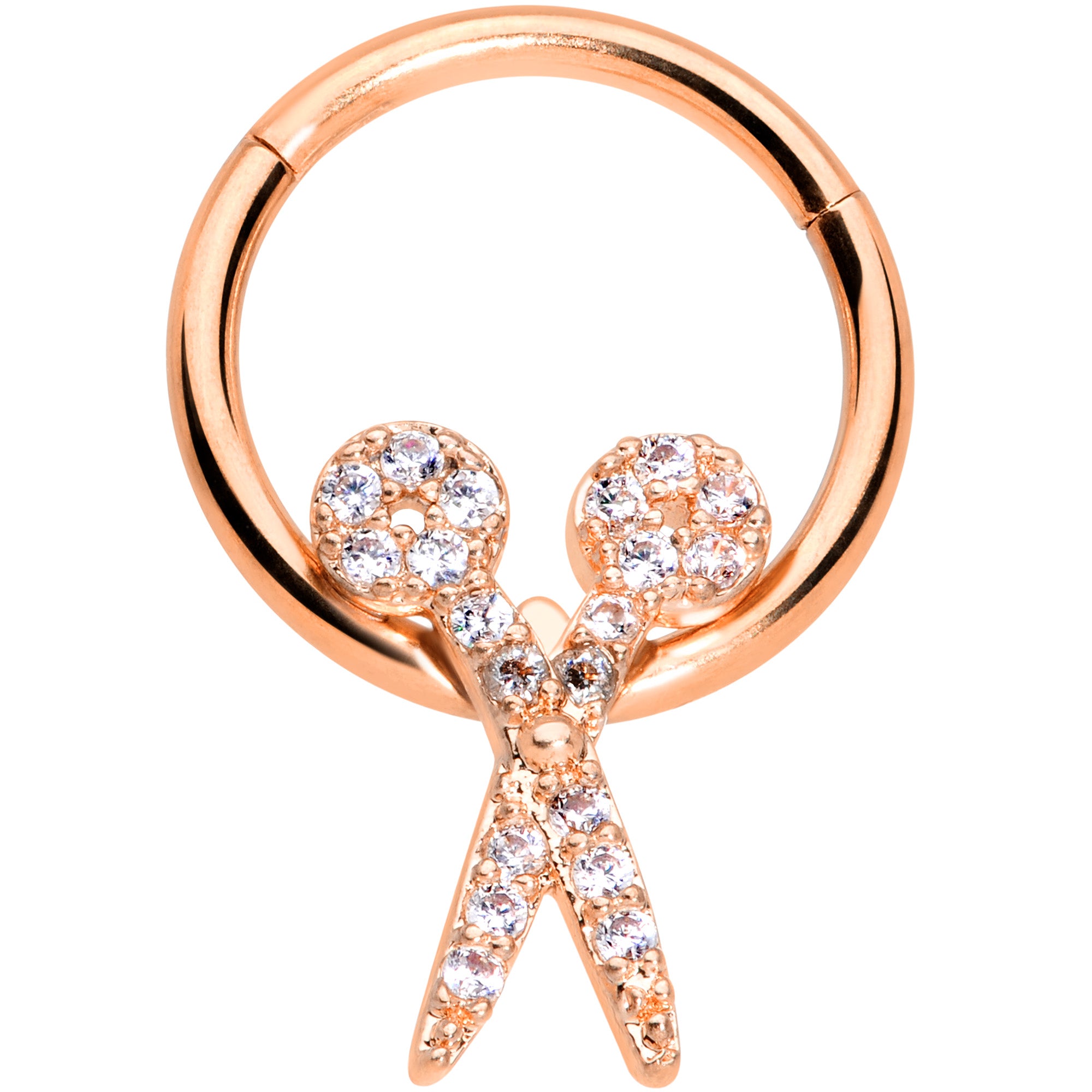 16G 3/8 Clear CZ Gem Rose Gold Tone Scissors Hinged Segment Ring