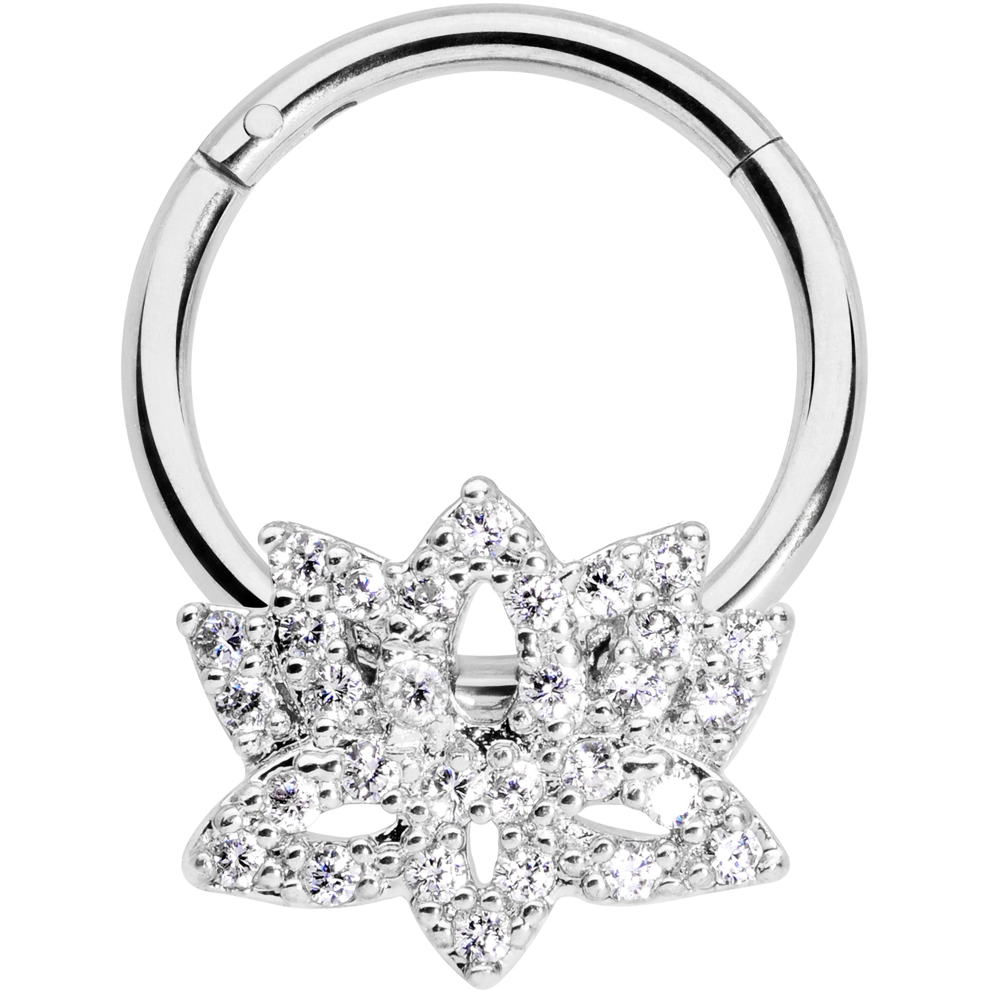 16G 3/8 Clear CZ Gem Lotus Flower Hinged Segment Ring