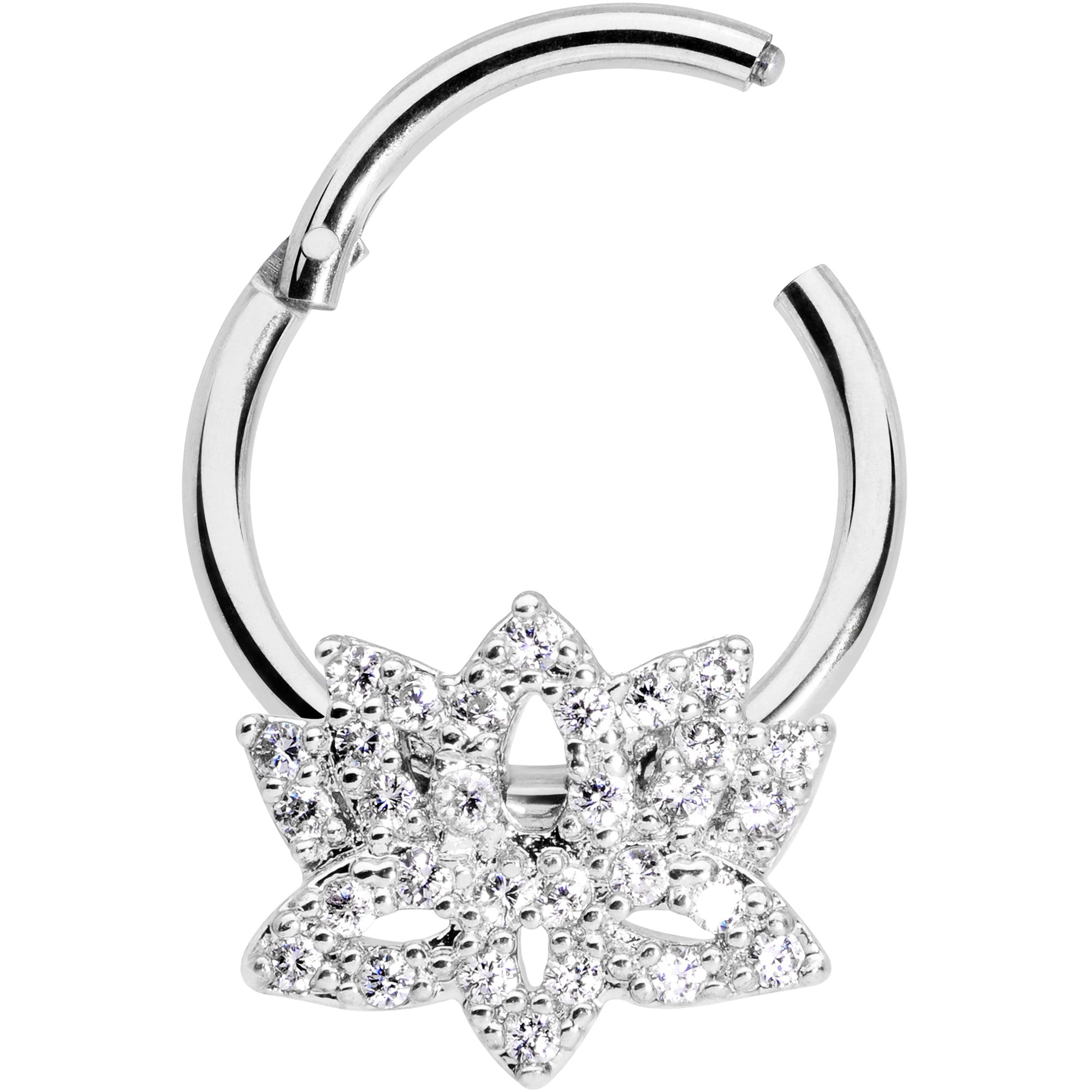 16G 3/8 Clear CZ Gem Lotus Flower Hinged Segment Ring