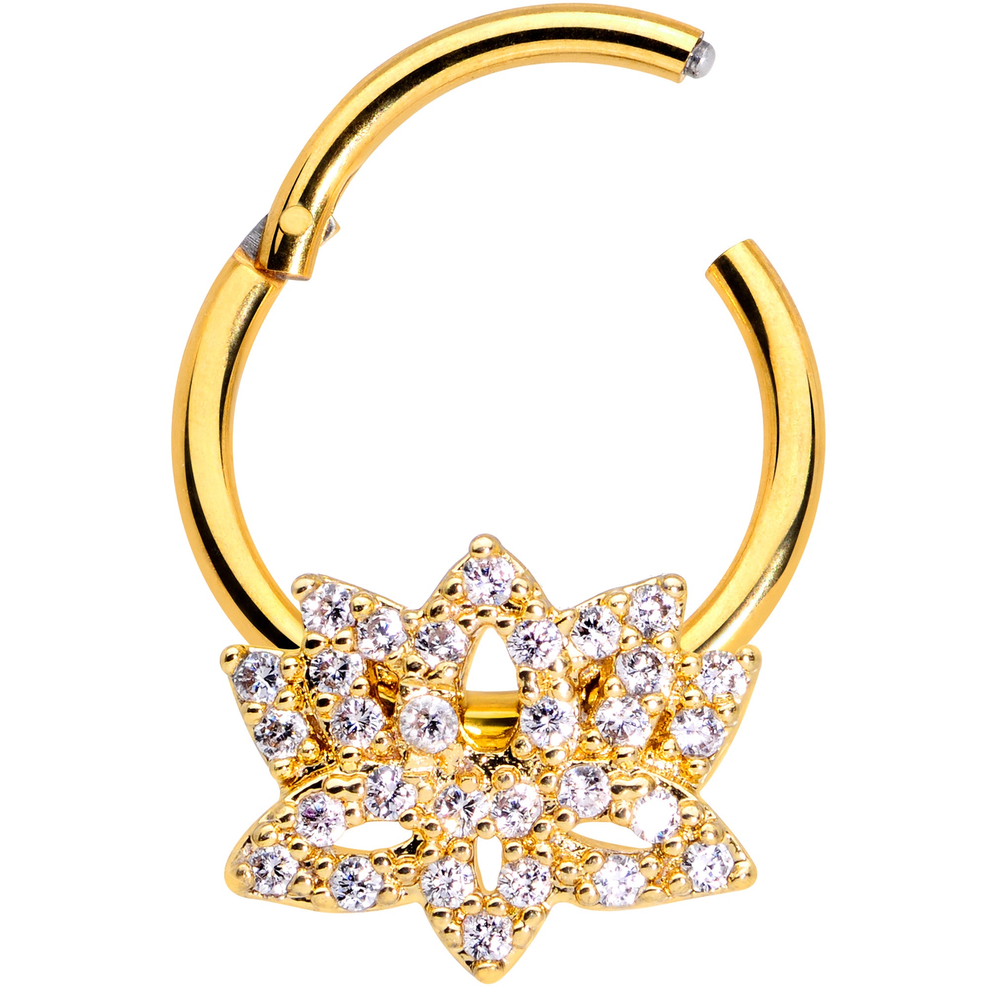 16G 3/8 Clear CZ Gem Gold Tone Lotus Flower Hinged Segment Ring