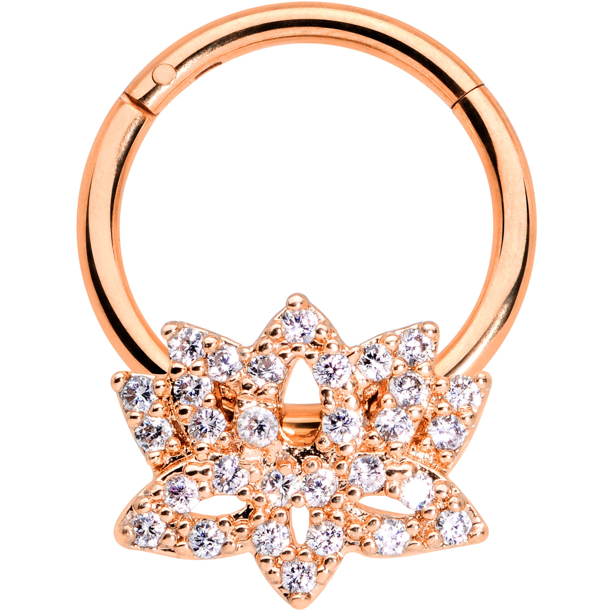 16G 3/8 Clear CZ Rose Gold Tone Lotus Flower Hinged Segment Ring